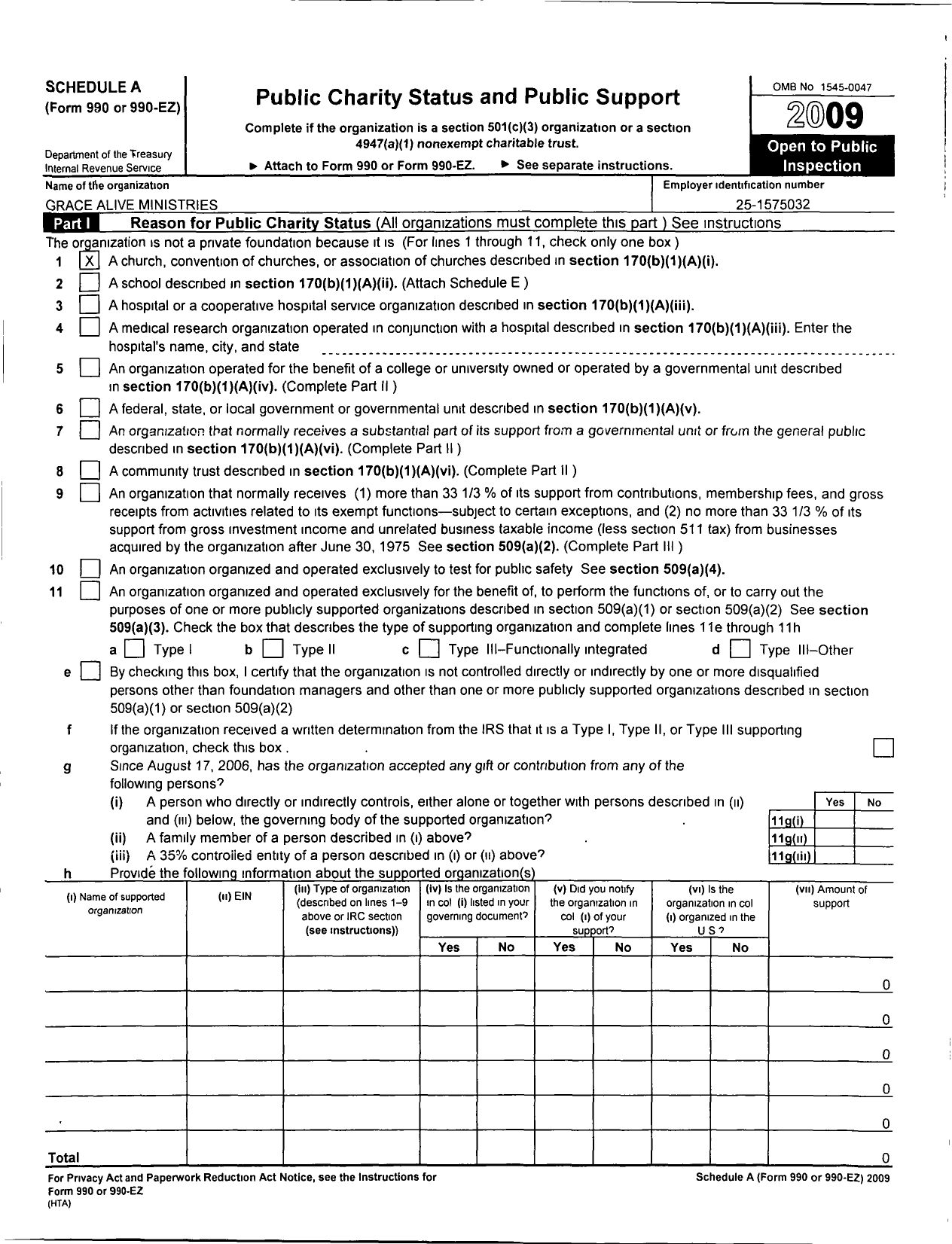 Image of first page of 2009 Form 990ER for Grace Alive Ministries