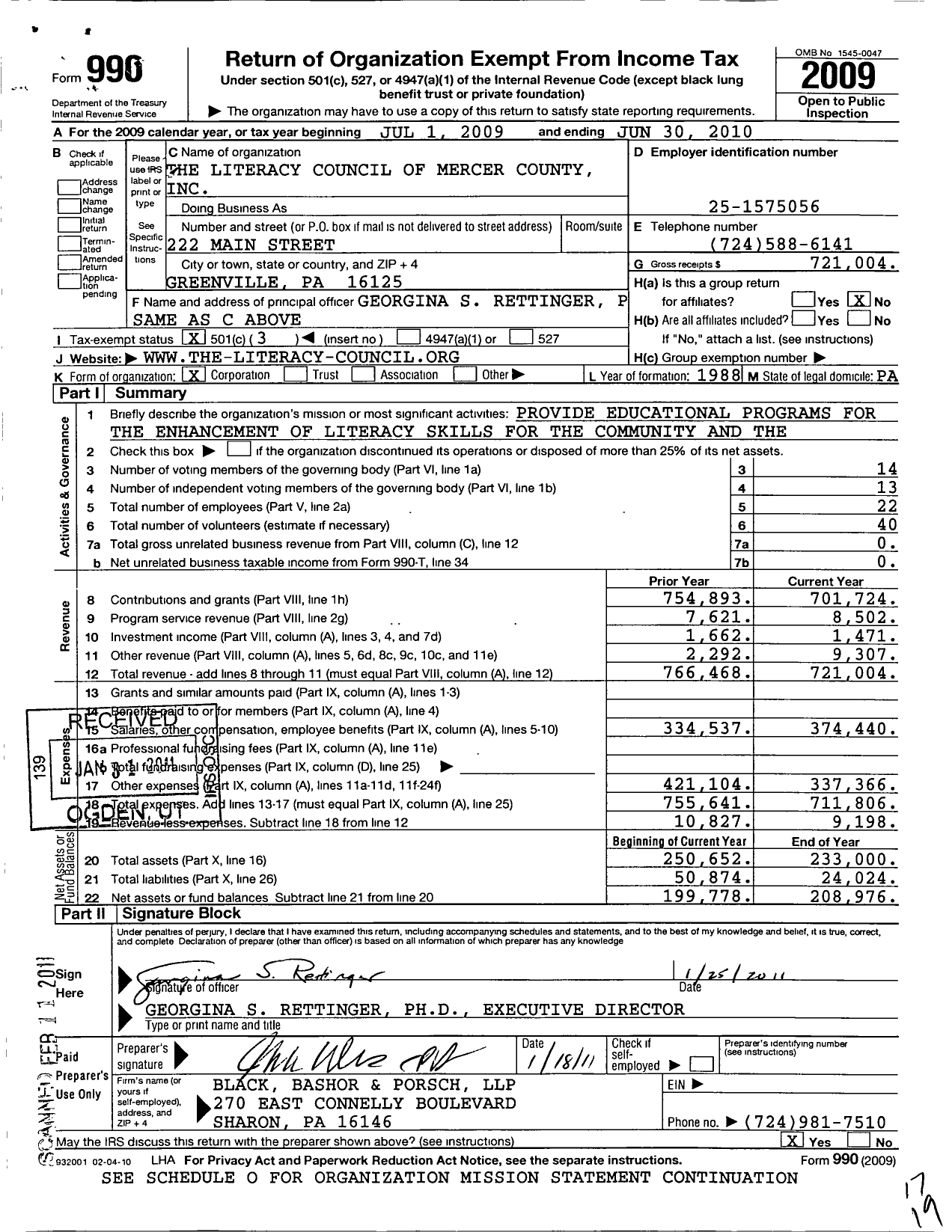 Image of first page of 2009 Form 990 for Literacy Council of Mercer County