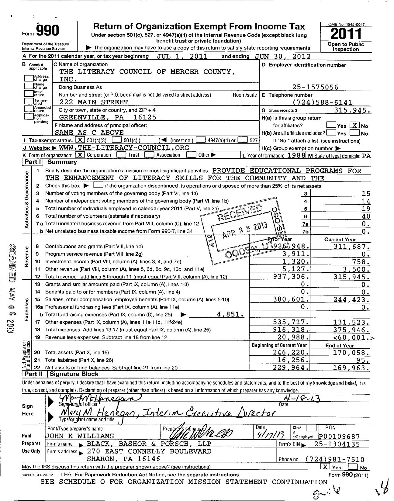 Image of first page of 2011 Form 990 for Literacy Council of Mercer County