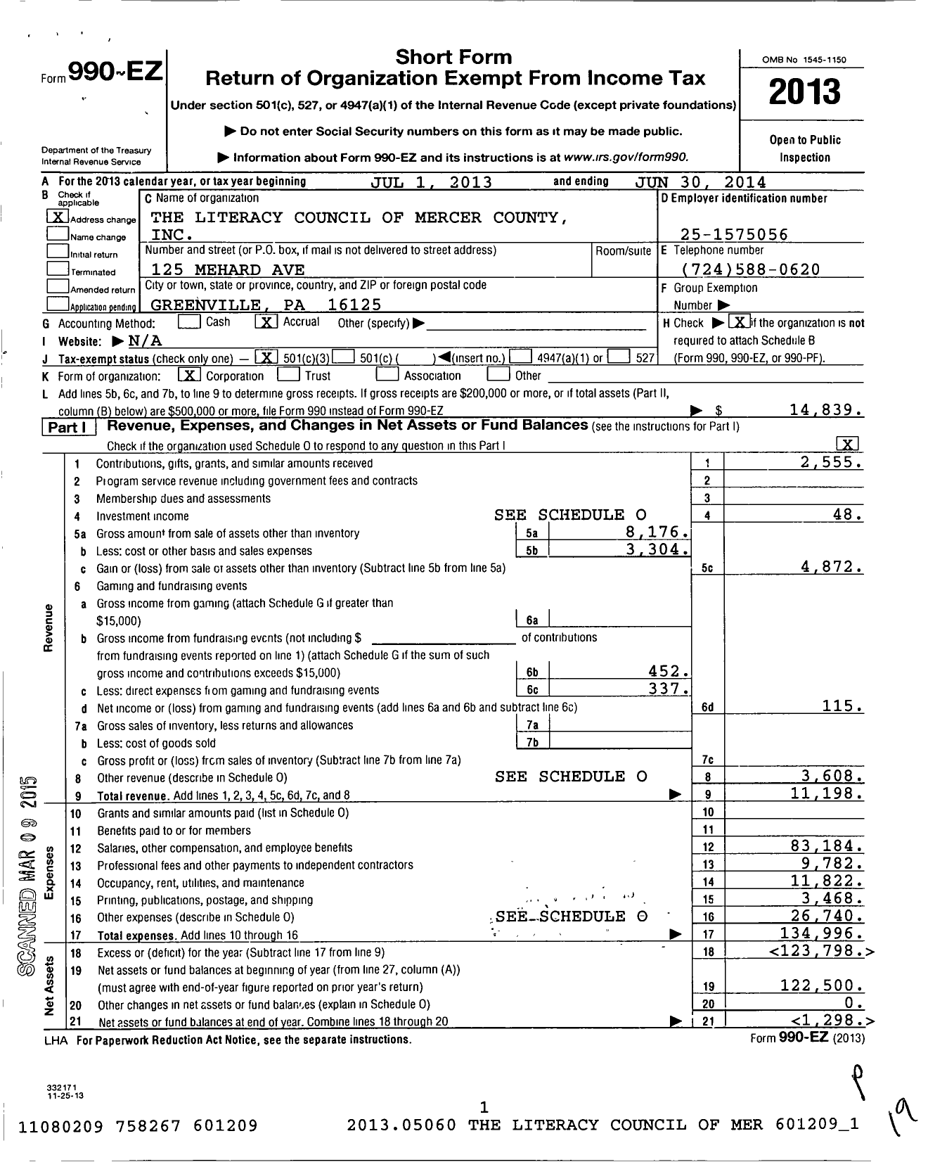 Image of first page of 2013 Form 990EZ for Literacy Council of Mercer County