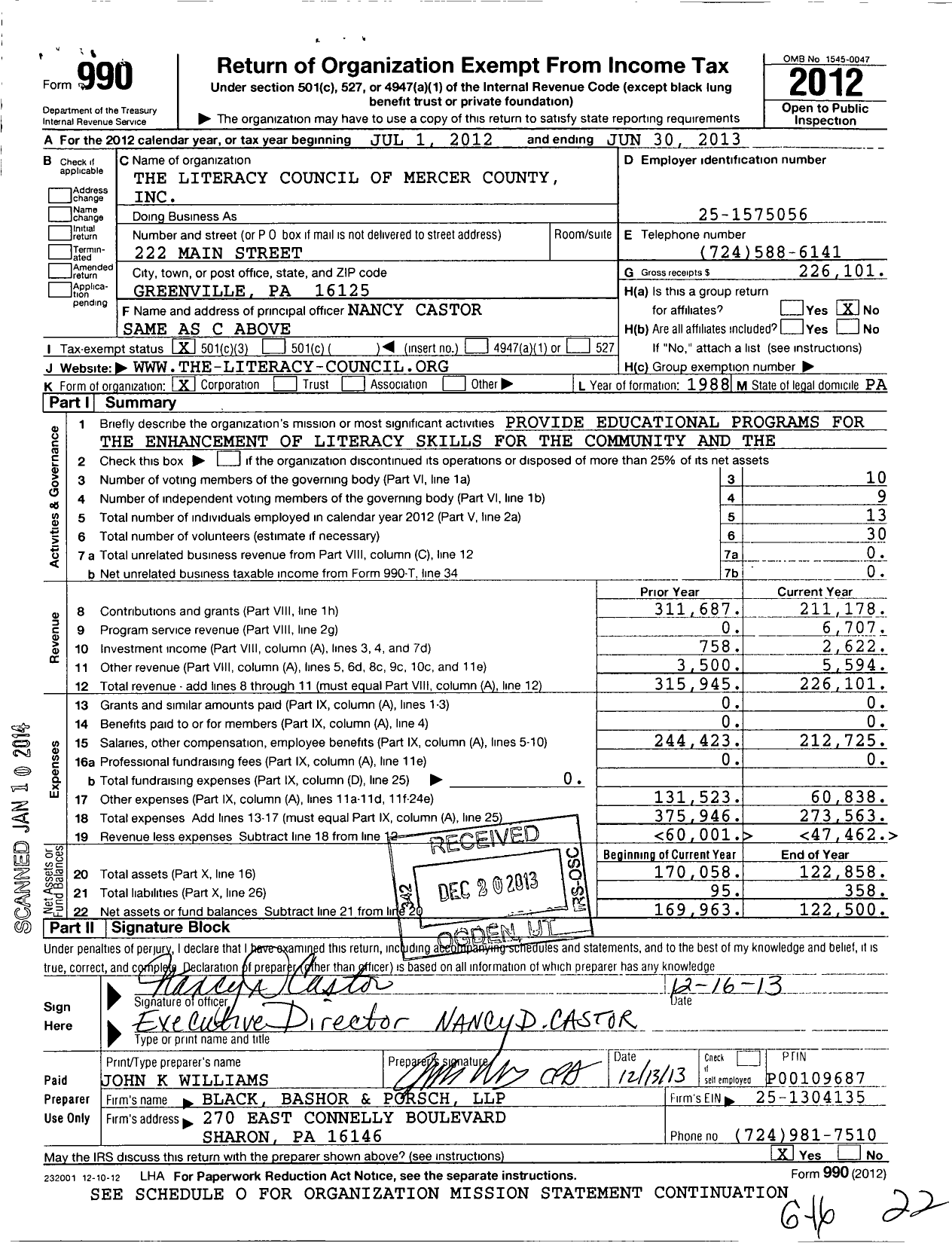 Image of first page of 2012 Form 990 for Literacy Council of Mercer County