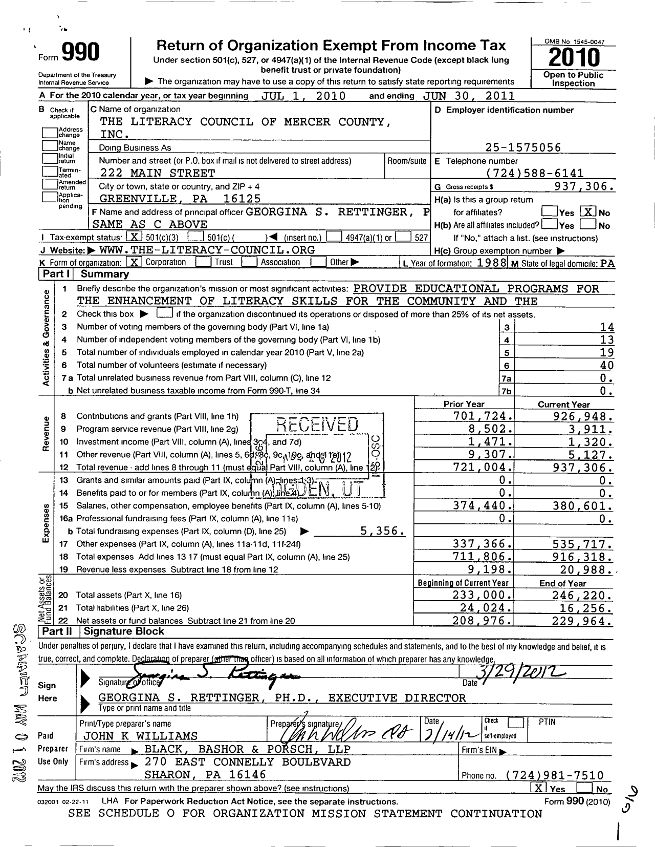 Image of first page of 2010 Form 990 for Literacy Council of Mercer County