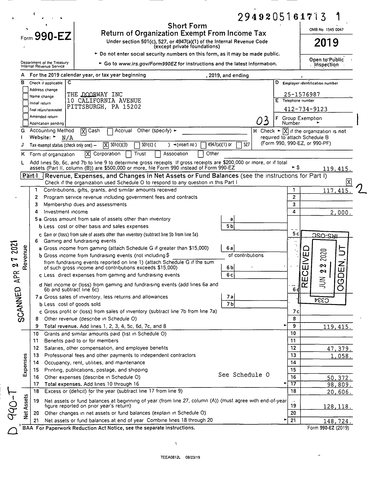 Image of first page of 2019 Form 990EZ for The Doorway