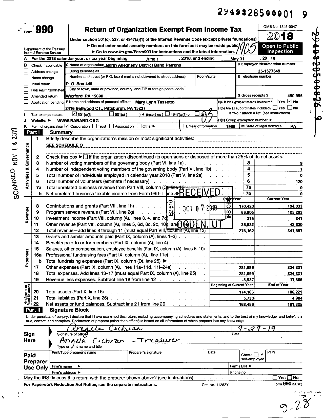 Image of first page of 2018 Form 990 for North Allegheny District Band Patrons