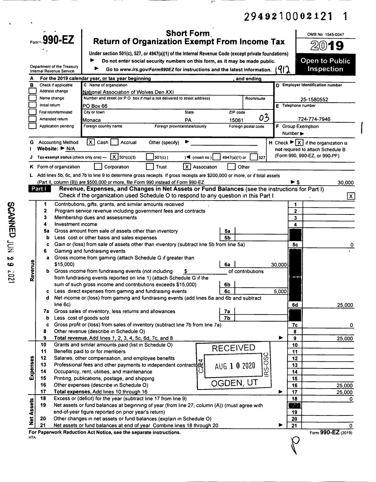 Image of first page of 2019 Form 990EZ for National Association of the Wolves