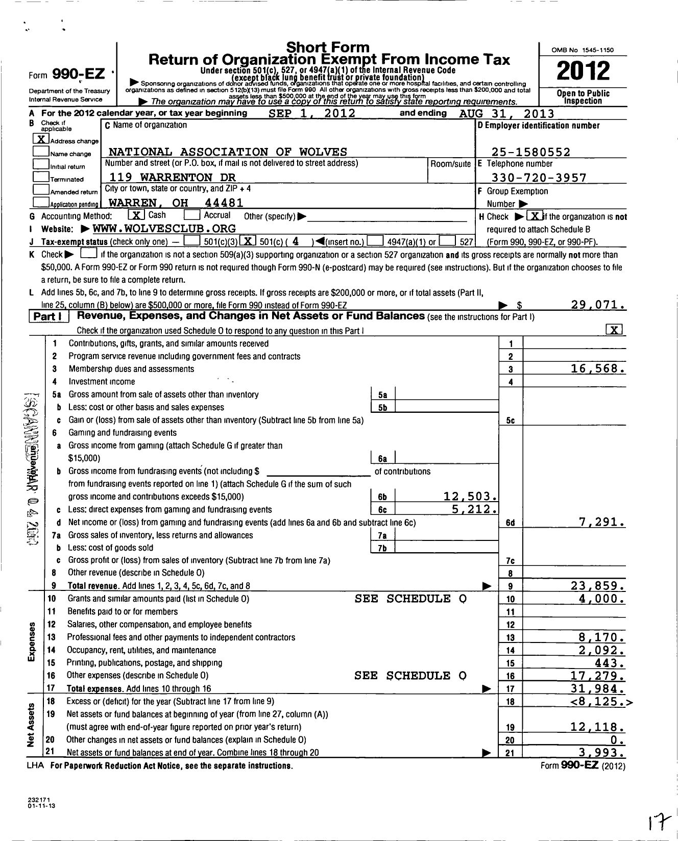 Image of first page of 2012 Form 990EO for National Association of the Wolves