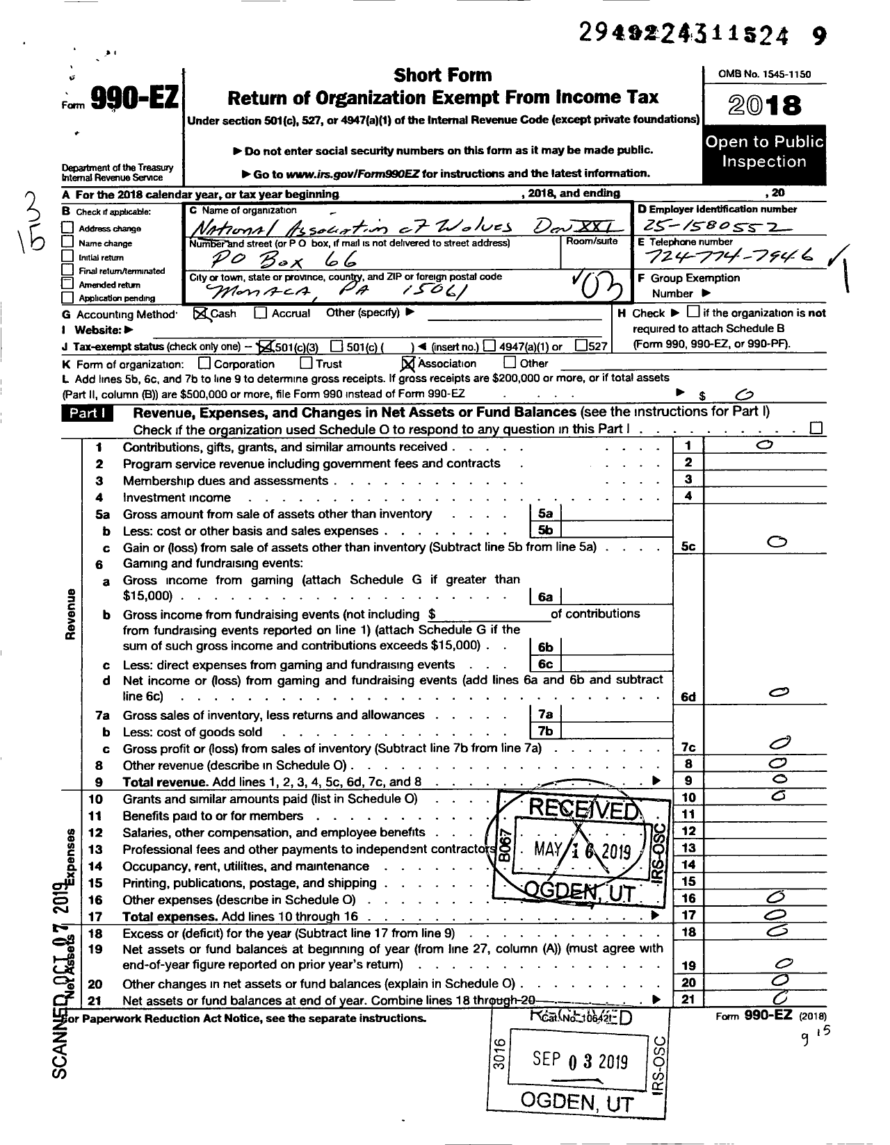 Image of first page of 2018 Form 990EZ for National Association of the Wolves