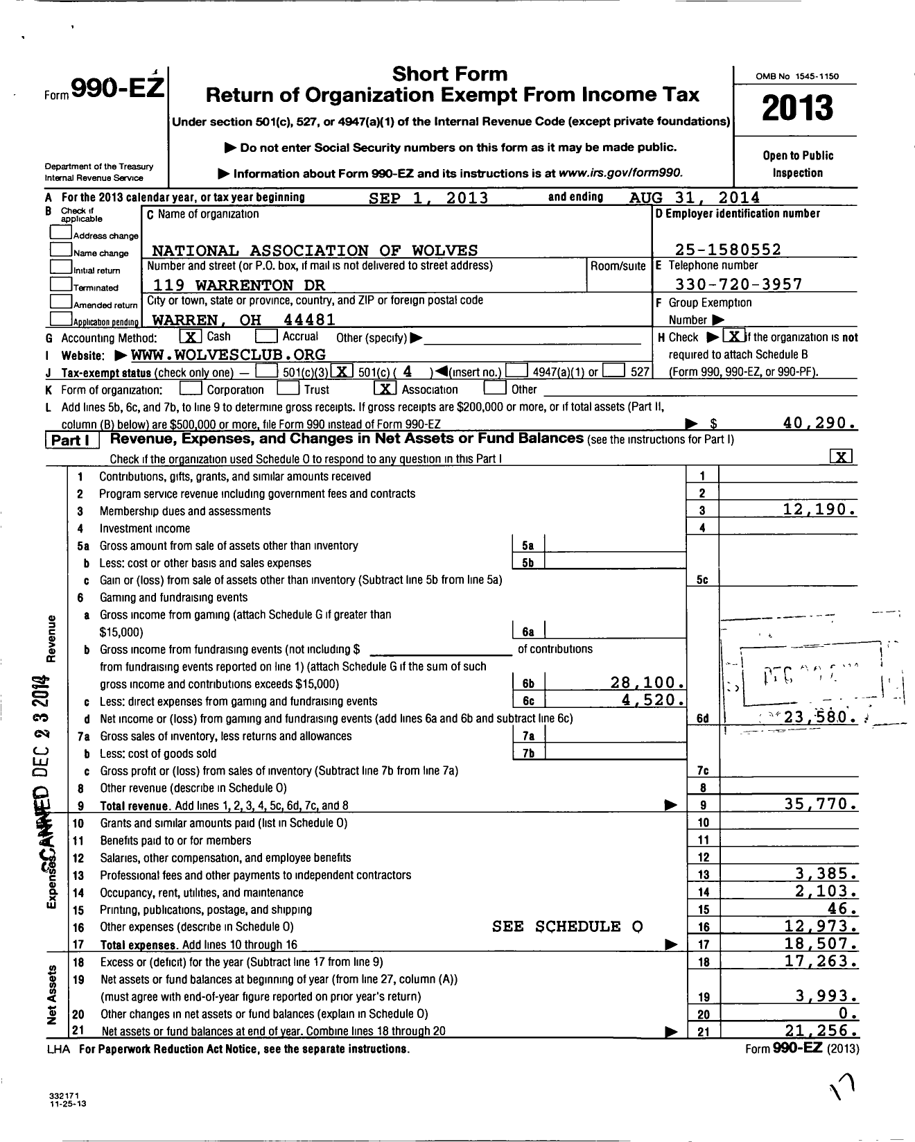 Image of first page of 2013 Form 990EO for National Association of the Wolves