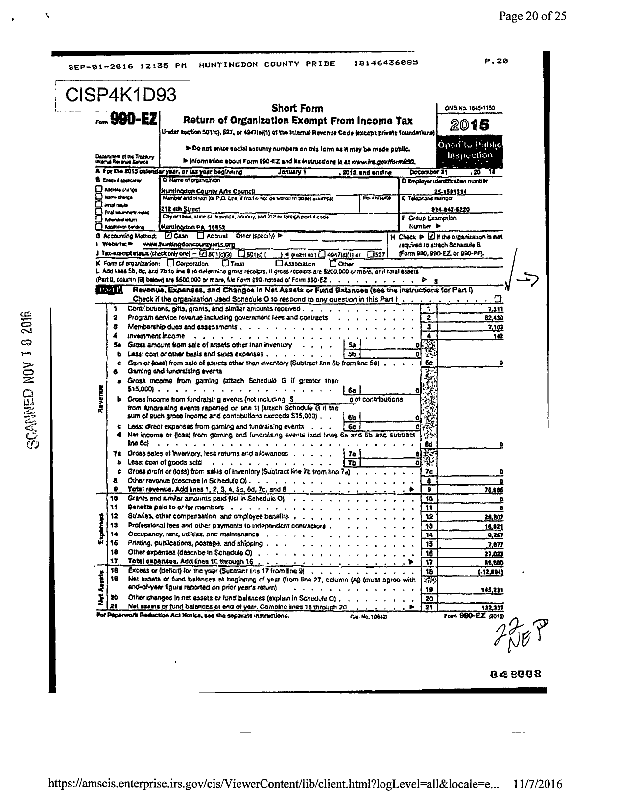 Image of first page of 2015 Form 990EZ for Huntingdon County Arts Council