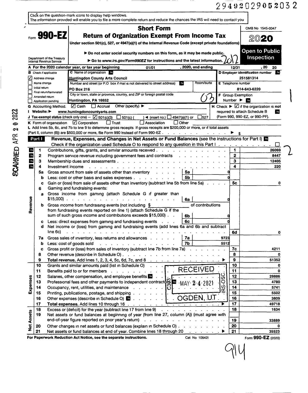 Image of first page of 2020 Form 990EZ for Huntingdon County Arts Council