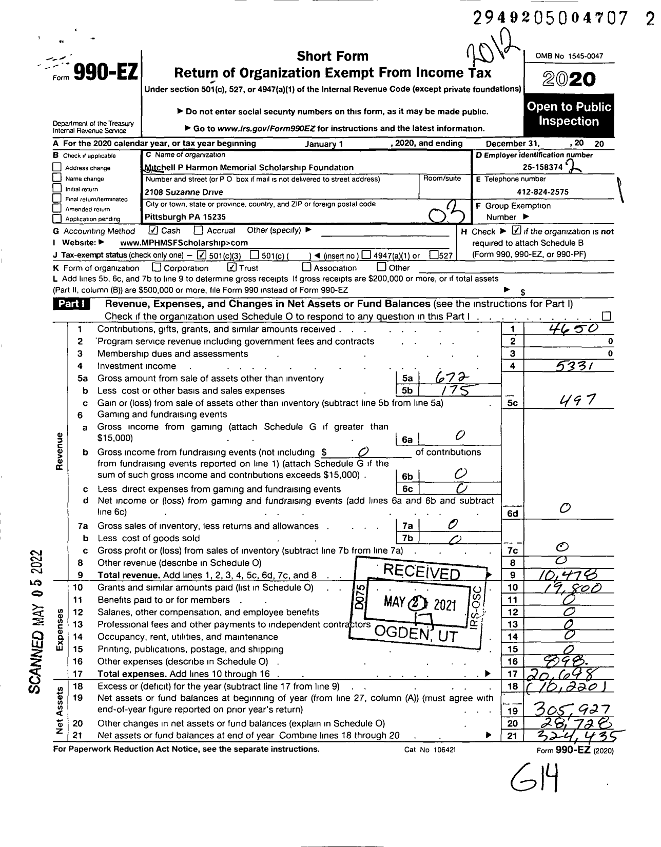 Image of first page of 2020 Form 990EZ for Mitchell P Harmon Memorial Scholarship Foundation