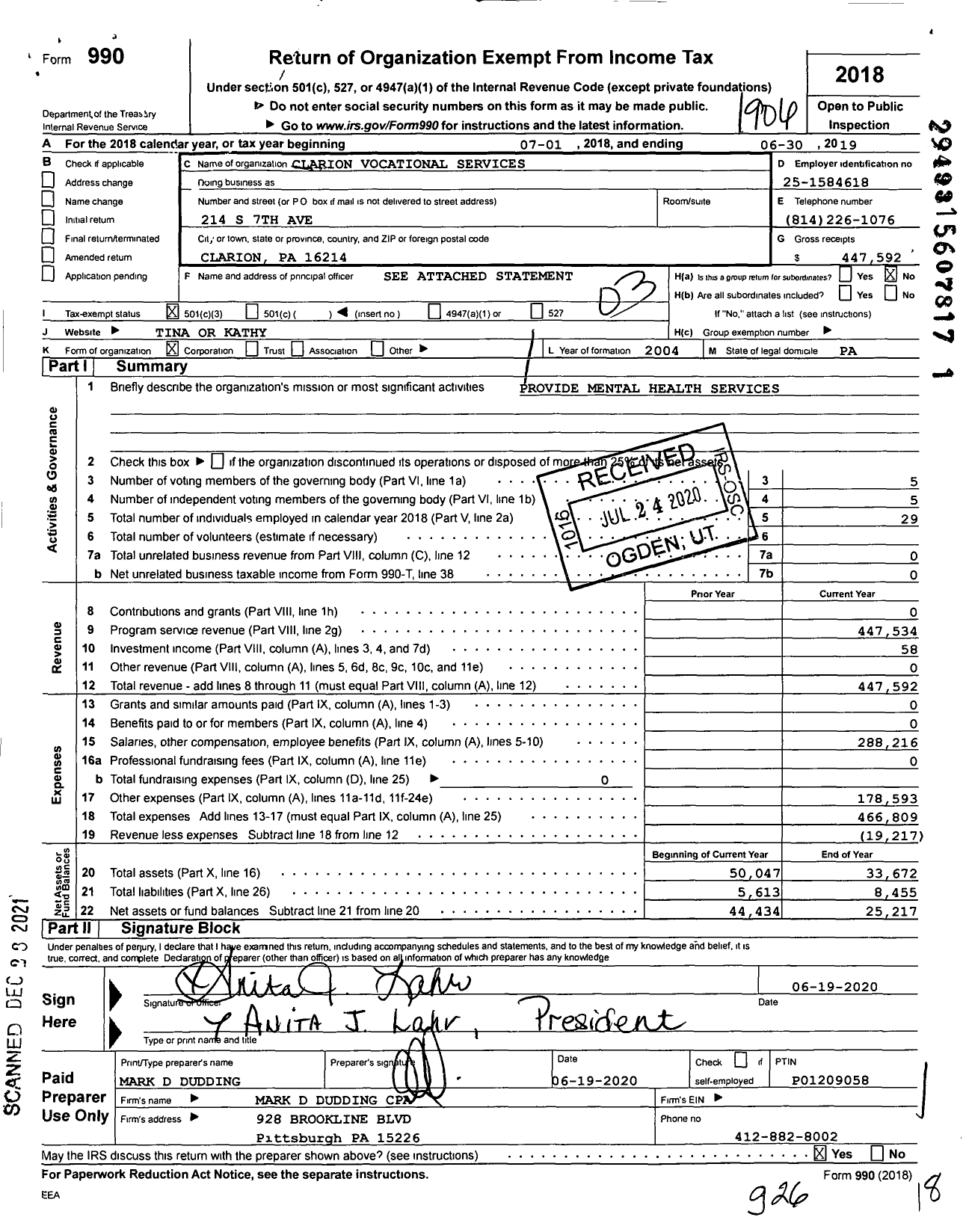 Image of first page of 2018 Form 990 for Clarion Vocational Services