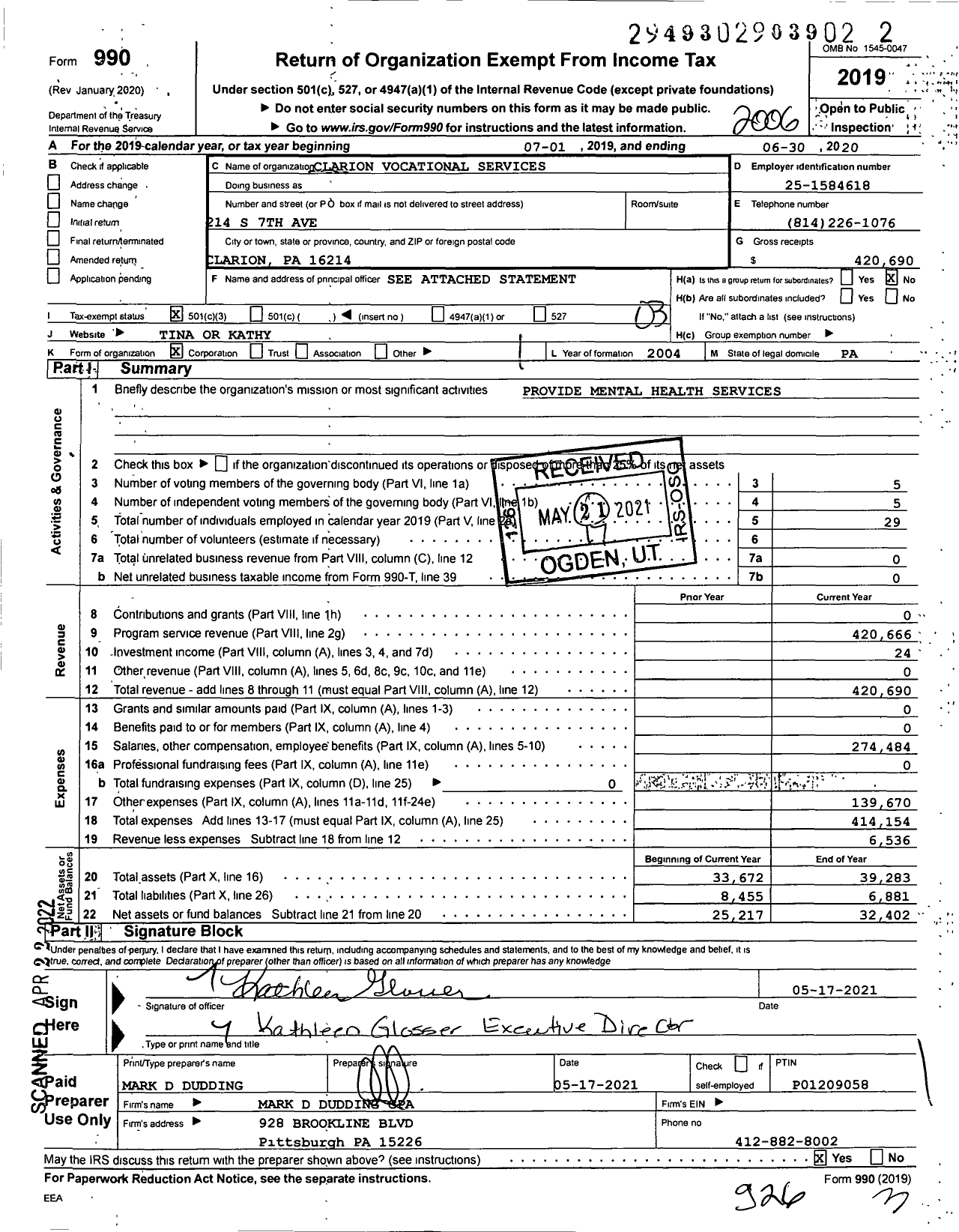 Image of first page of 2019 Form 990 for Clarion Vocational Services