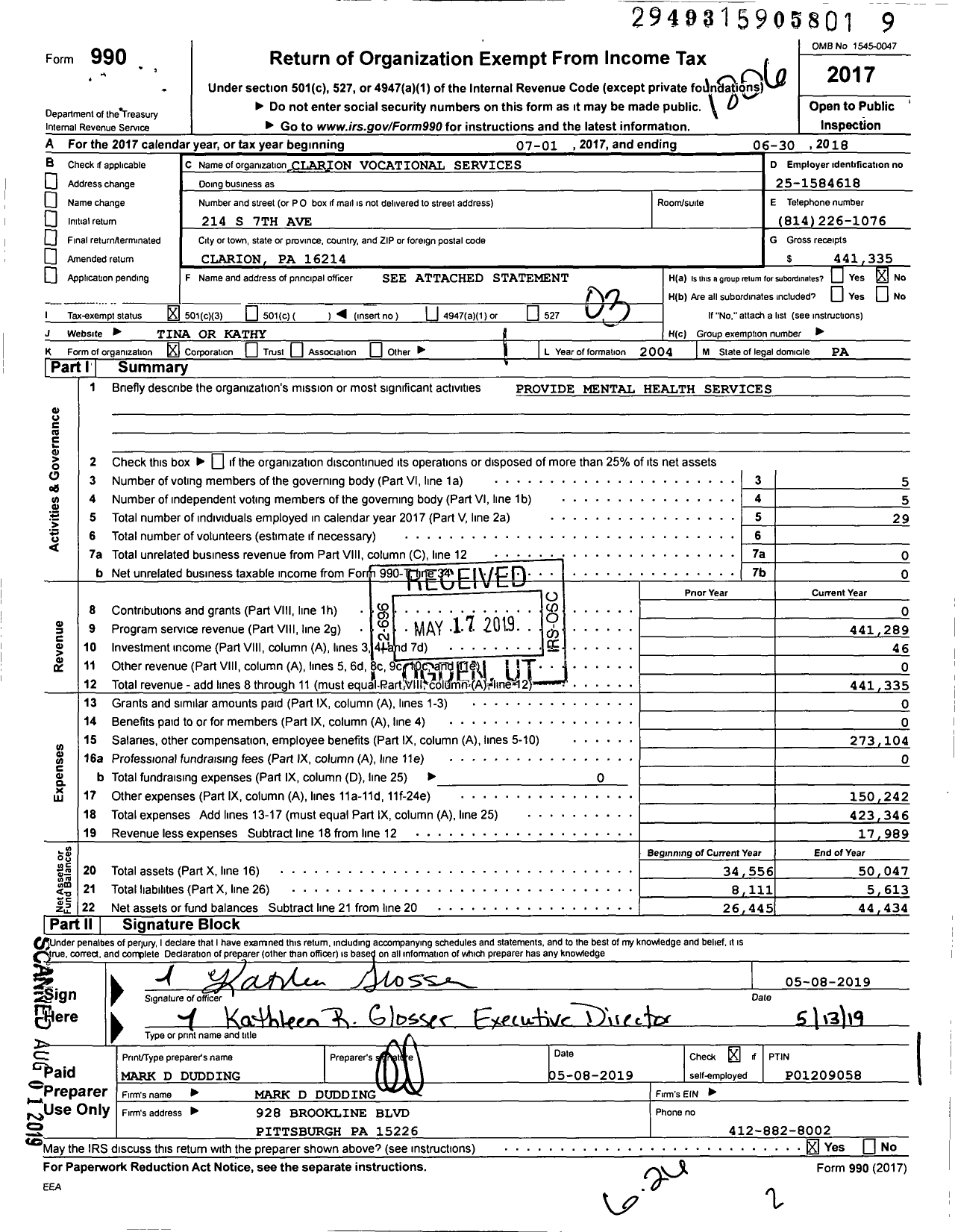 Image of first page of 2017 Form 990 for Clarion Vocational Services