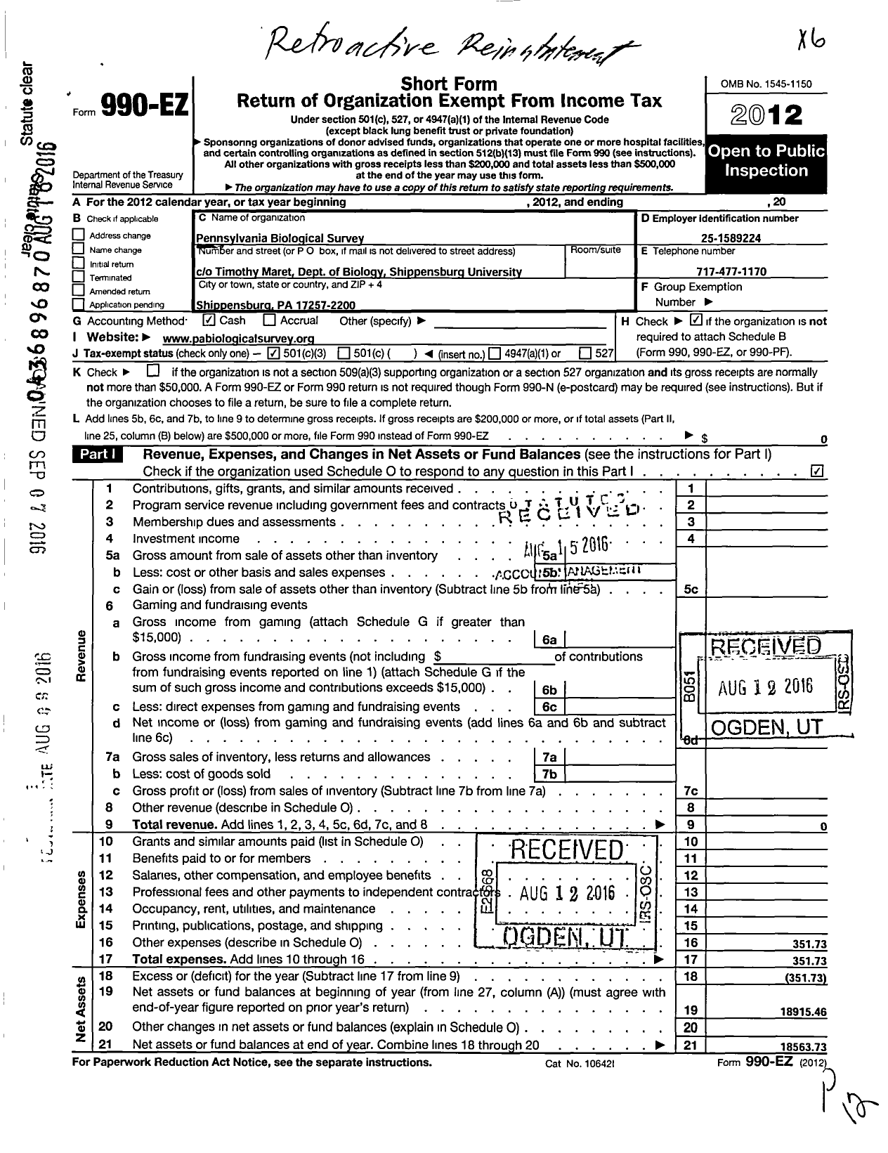 Image of first page of 2012 Form 990EZ for Pennsylvania Biological Survey Vetebrate Museum