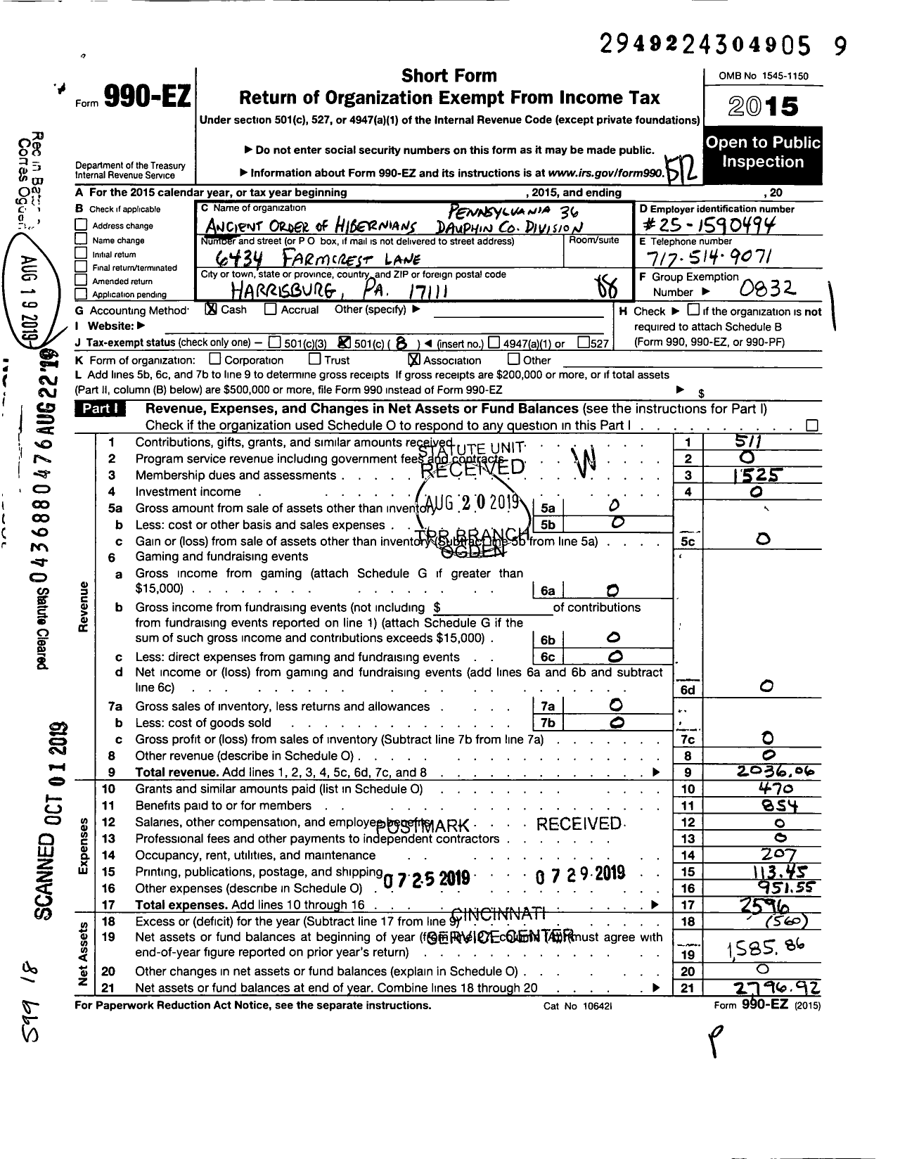 Image of first page of 2015 Form 990EO for Ancient Order of Hibernians in America - 36 Da 01