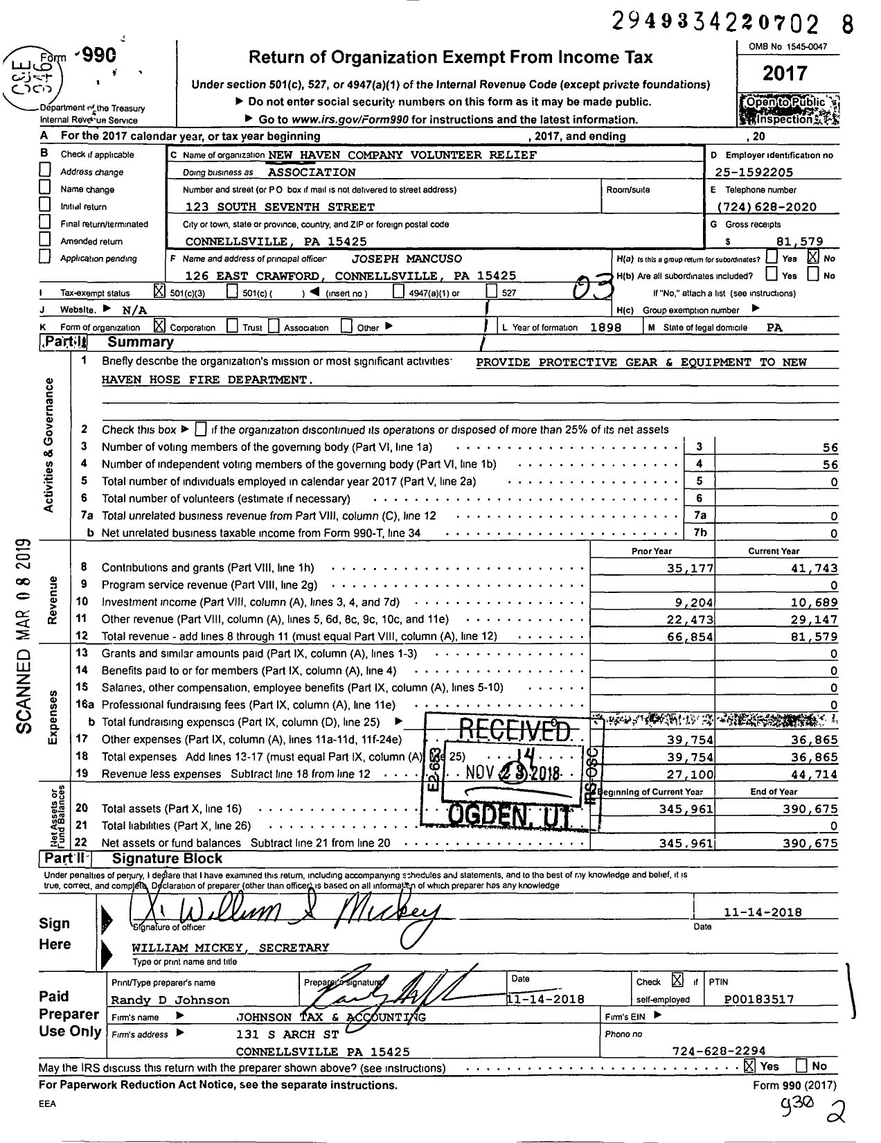 Image of first page of 2017 Form 990 for New Haven Company Volunteer Relief Association