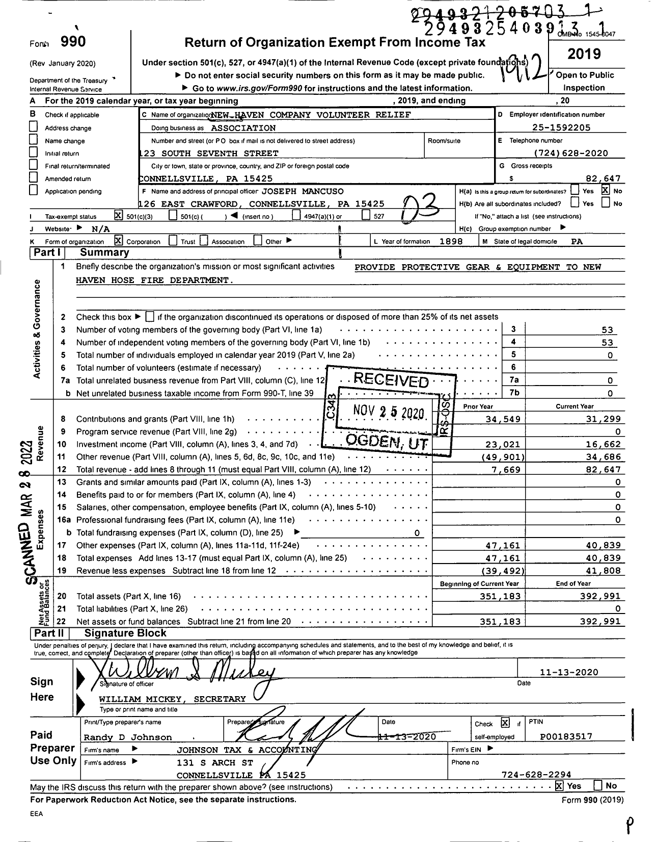 Image of first page of 2019 Form 990 for New Haven Company Volunteer Relief Association