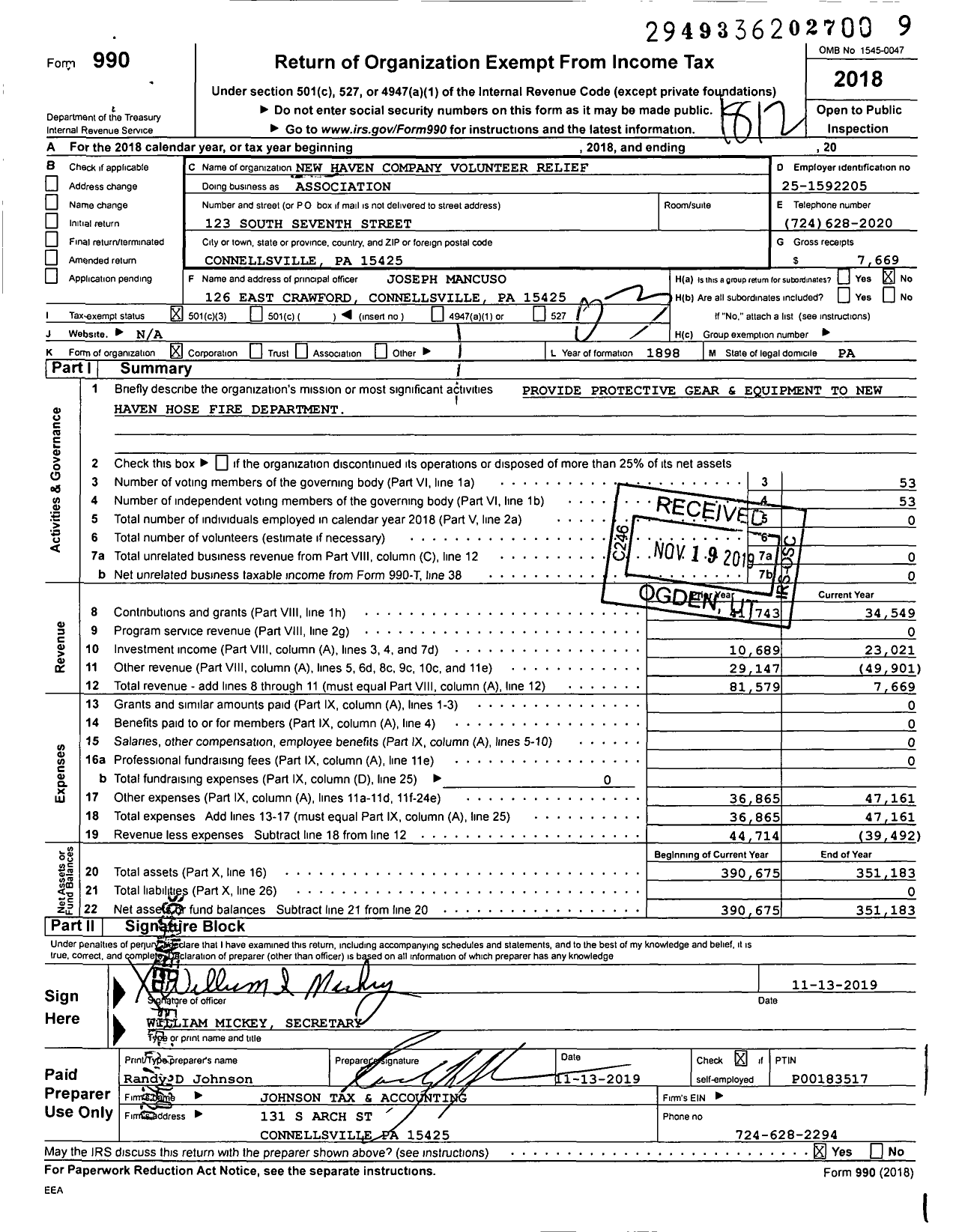 Image of first page of 2018 Form 990 for New Haven Company Volunteer Relief Association