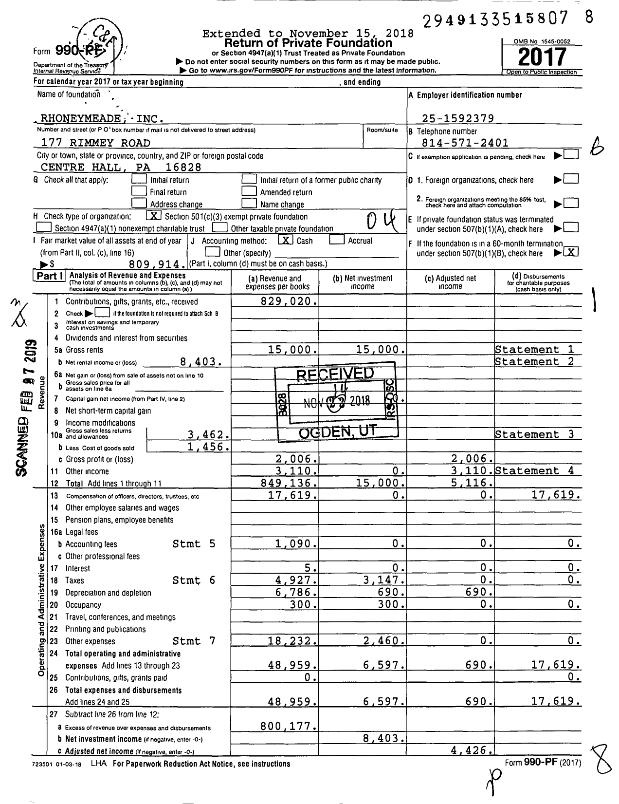 Image of first page of 2017 Form 990PF for Rhoneymeade