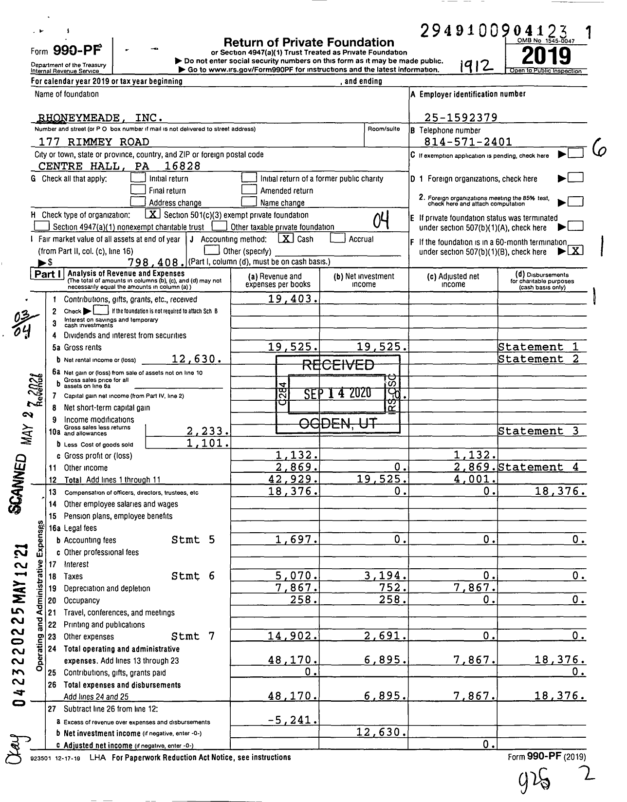 Image of first page of 2019 Form 990PF for Rhoneymeade