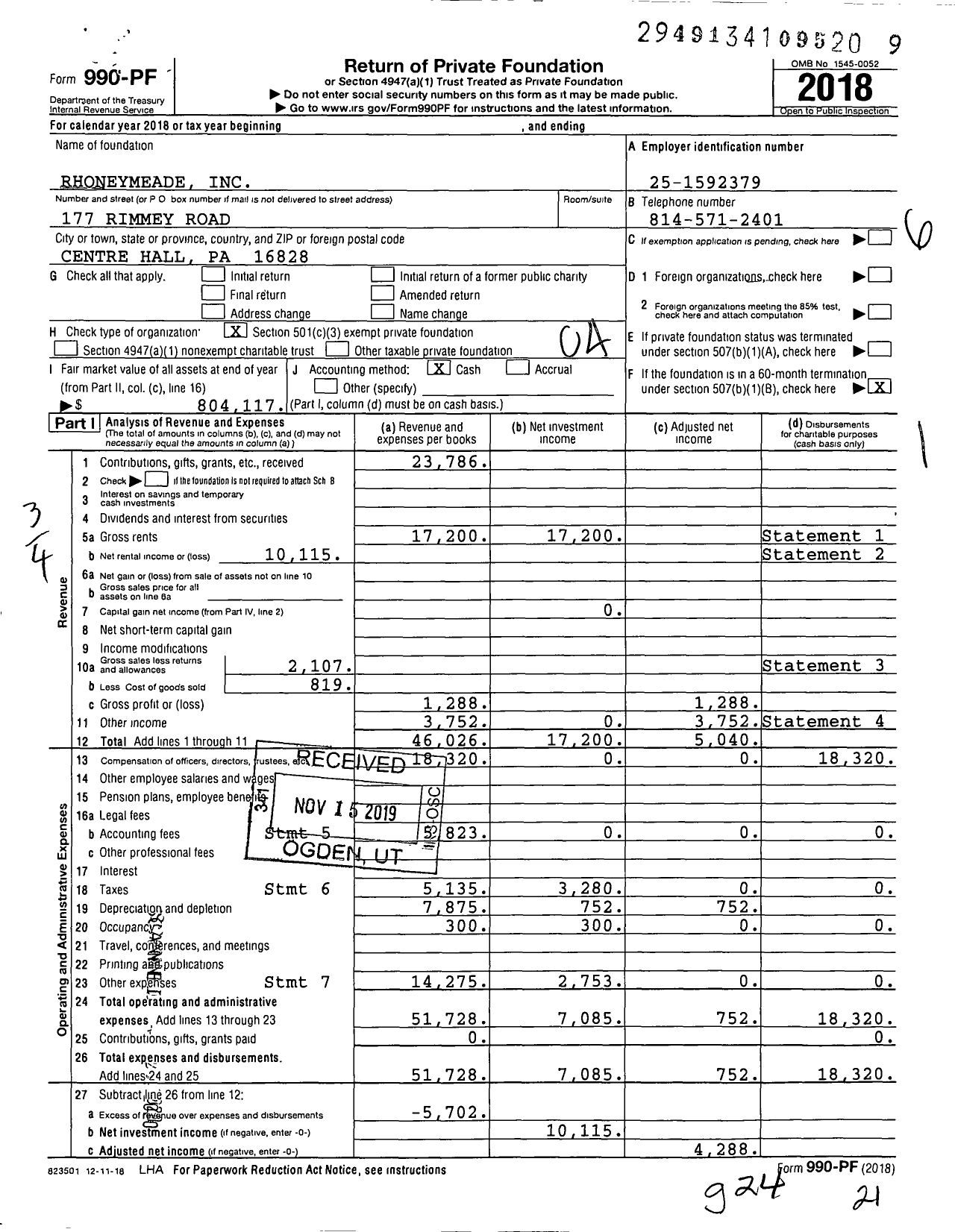 Image of first page of 2018 Form 990PF for Rhoneymeade