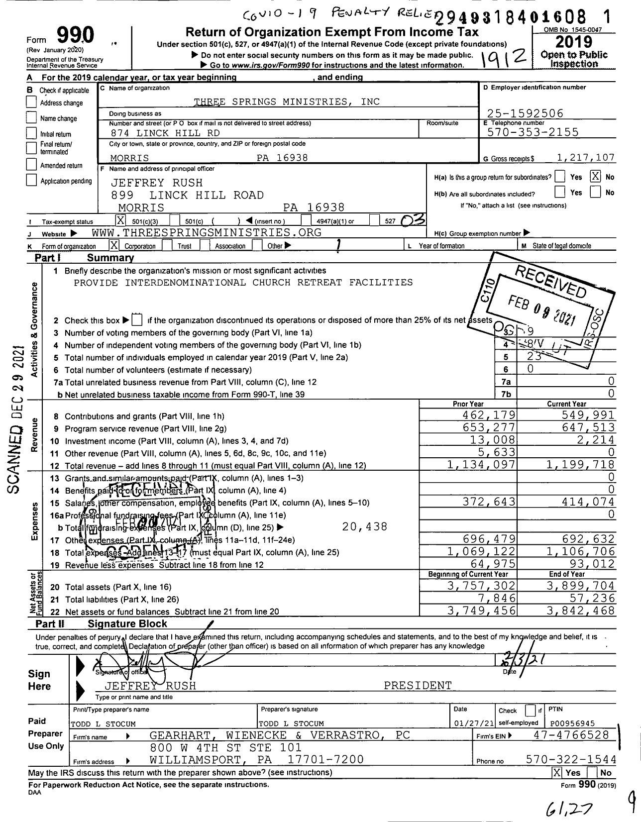 Image of first page of 2019 Form 990 for Three Springs Ministries