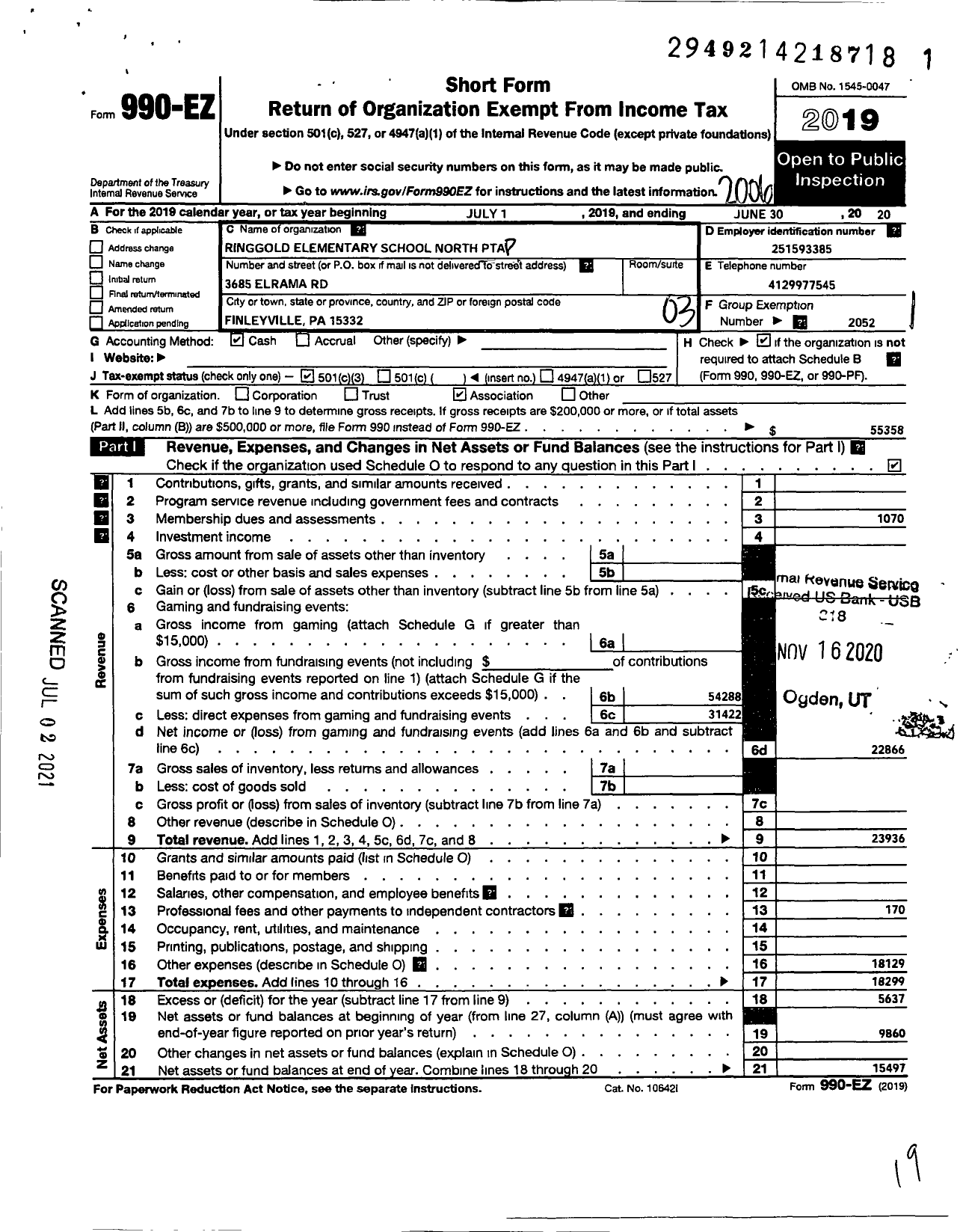 Image of first page of 2019 Form 990EZ for PTA Pennsylvania Congress / Ringgold Elem School North PTA