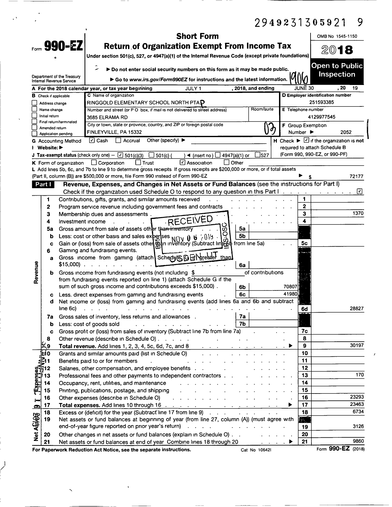 Image of first page of 2018 Form 990EZ for PTA Pennsylvania Congress / Ringgold Elem School North PTA