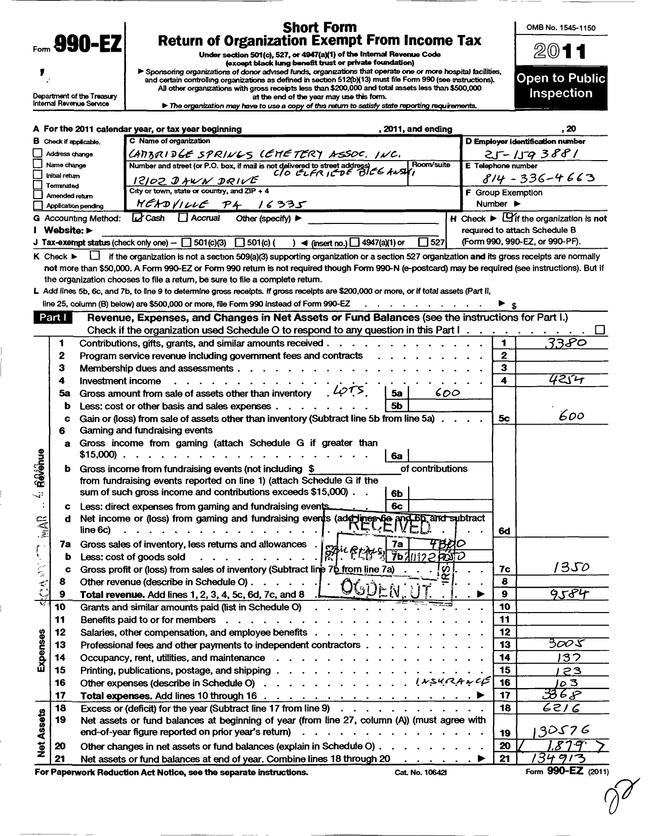 Image of first page of 2011 Form 990EO for Cambridge Springs Cemetery Association