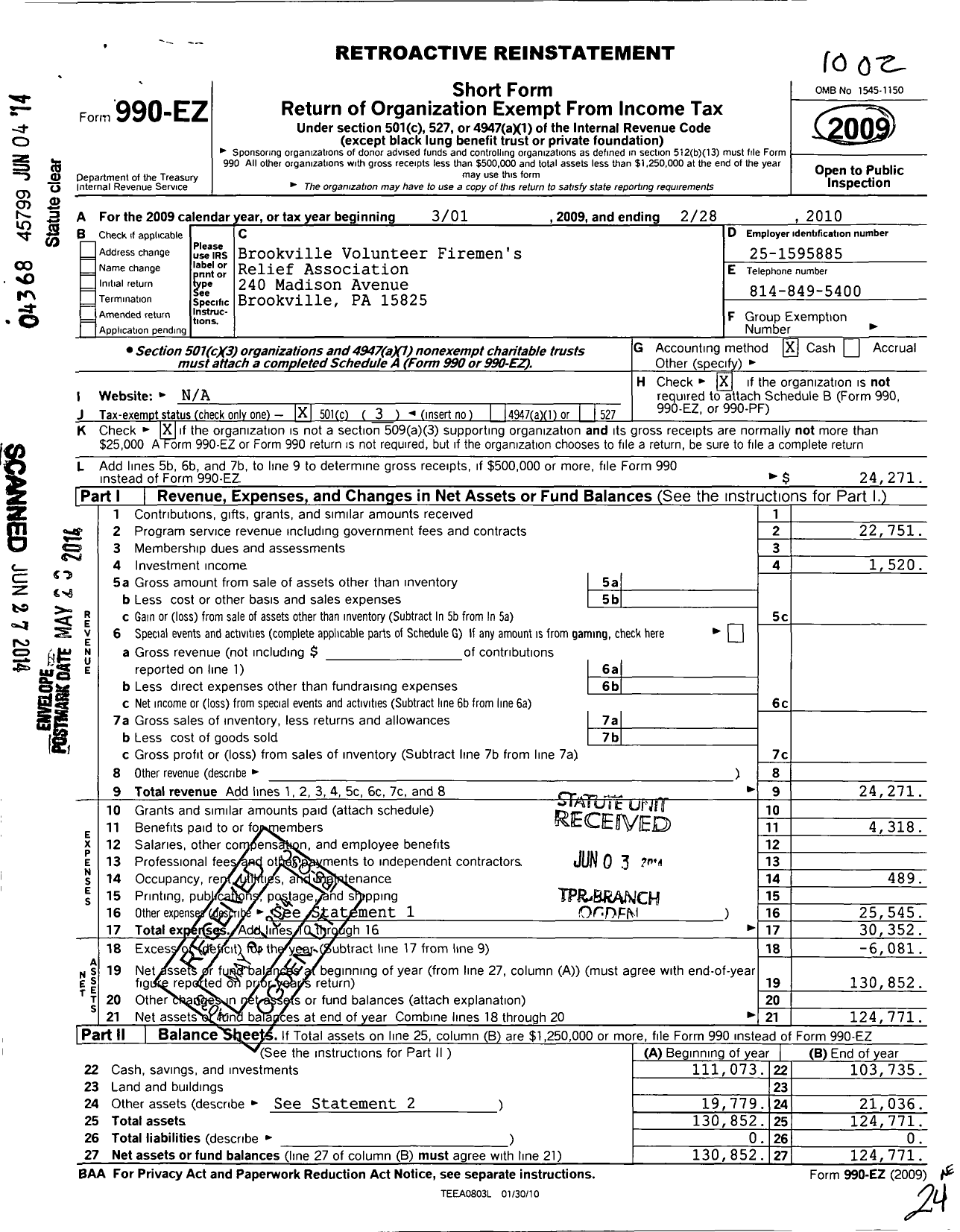 Image of first page of 2009 Form 990EZ for Brookville Firemens Relief Association