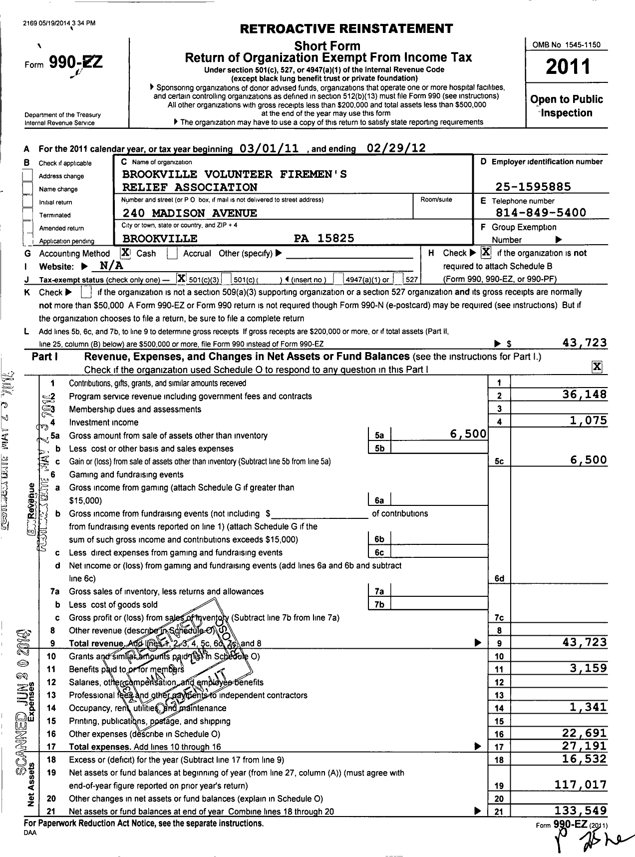 Image of first page of 2011 Form 990EZ for Brookville Firemens Relief Association