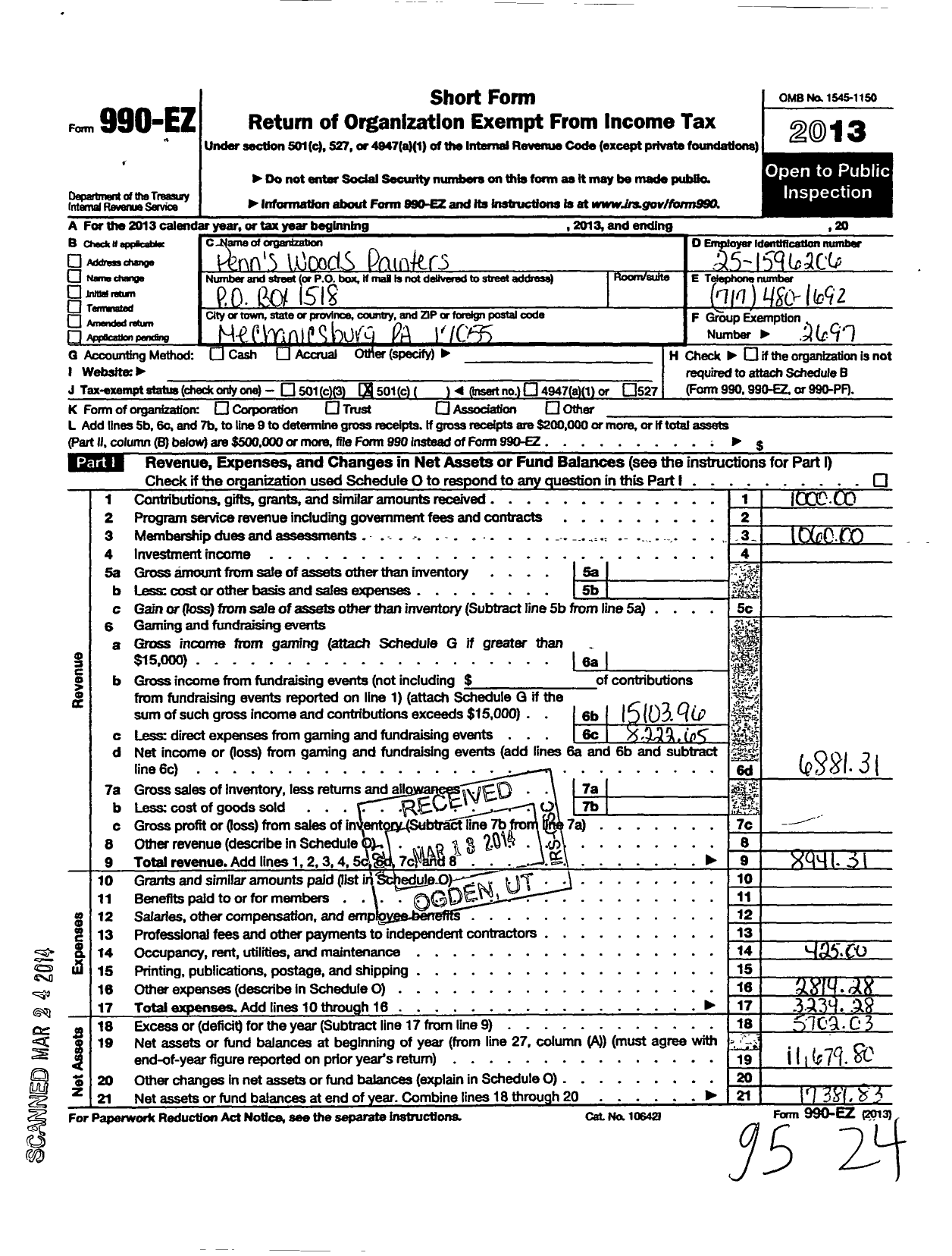 Image of first page of 2013 Form 990EO for National Society of Tole and Decorative Painters / Penns Woods Painters