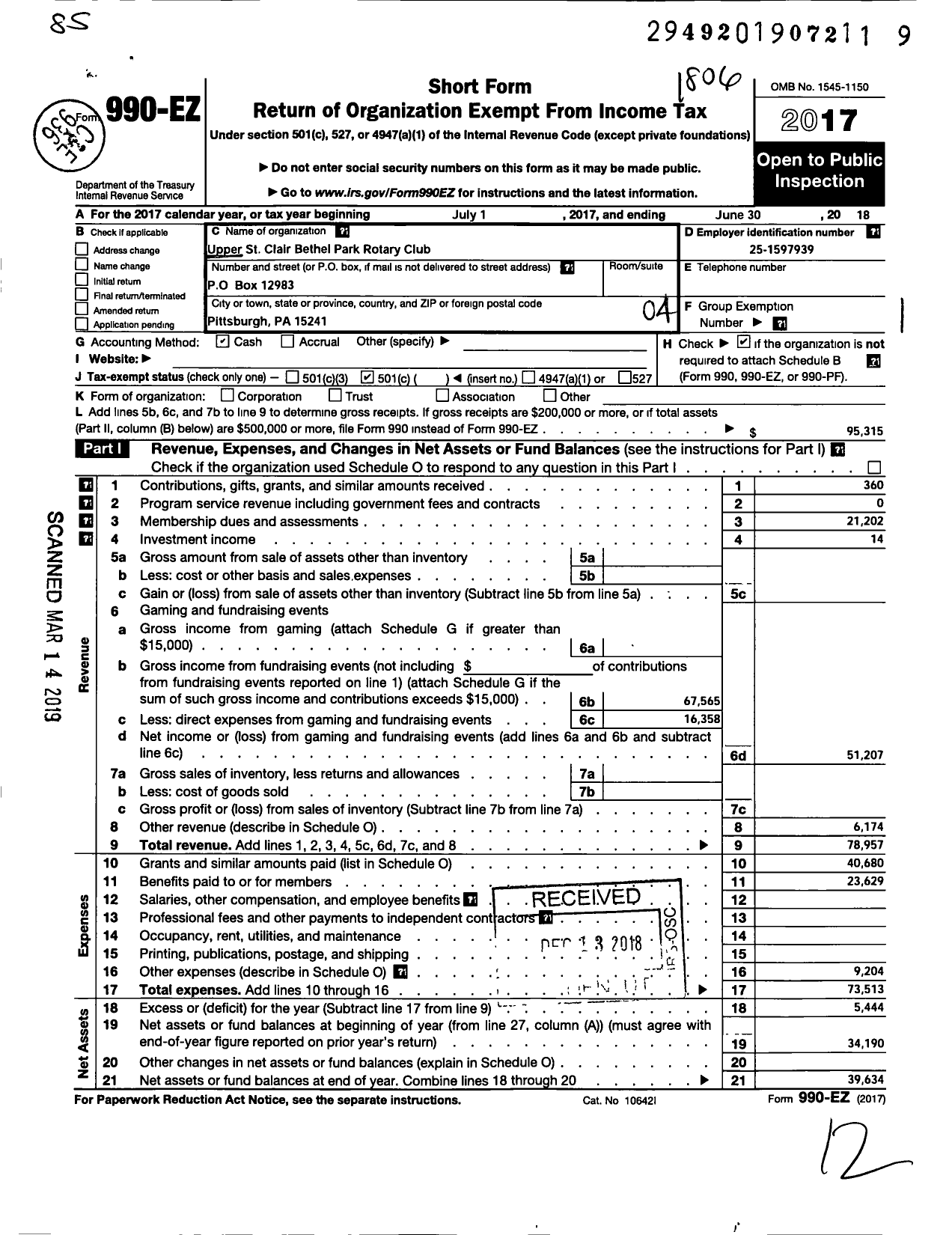 Image of first page of 2017 Form 990EO for Rotary International - Upper St Clair-Bethel Park Breakfas