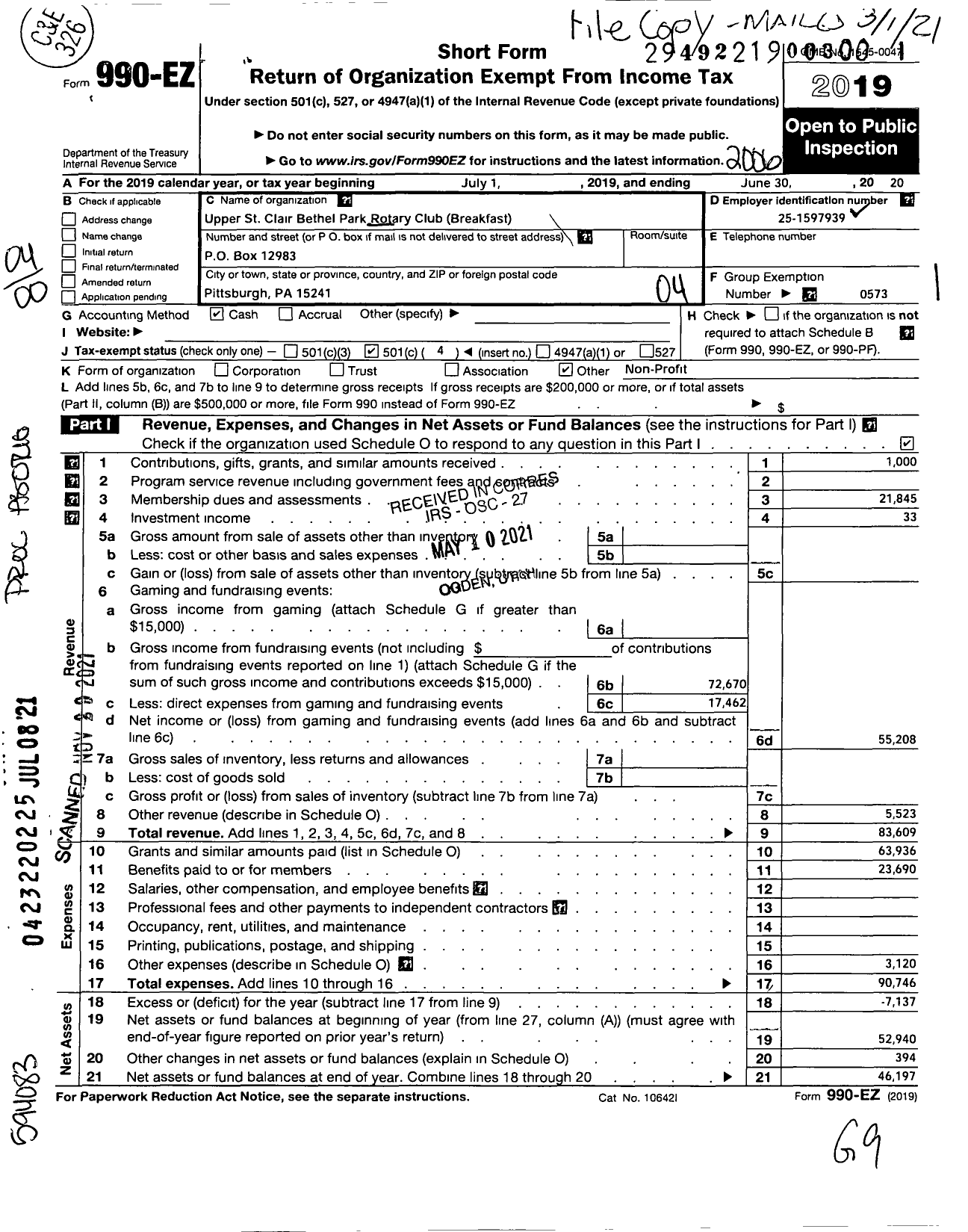 Image of first page of 2019 Form 990EO for Rotary International - Upper St Clair-Bethel Park Breakfas