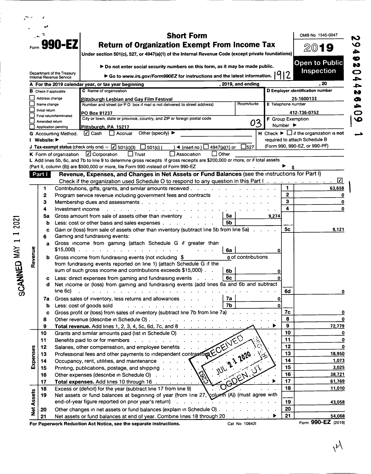 Image of first page of 2019 Form 990EZ for Pittsburgh Lesbian and Gay Film Society