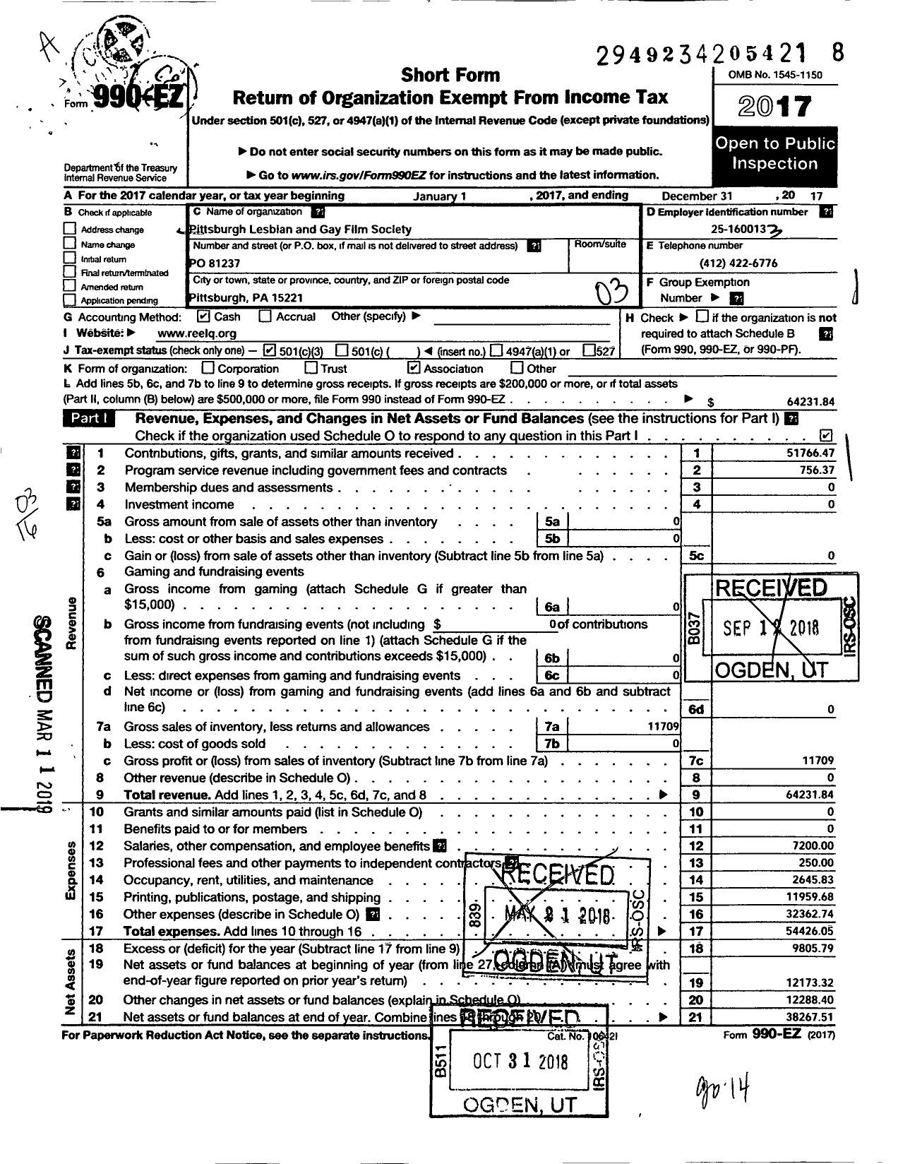 Image of first page of 2017 Form 990EZ for Pittsburgh Lesbian and Gay Film Society