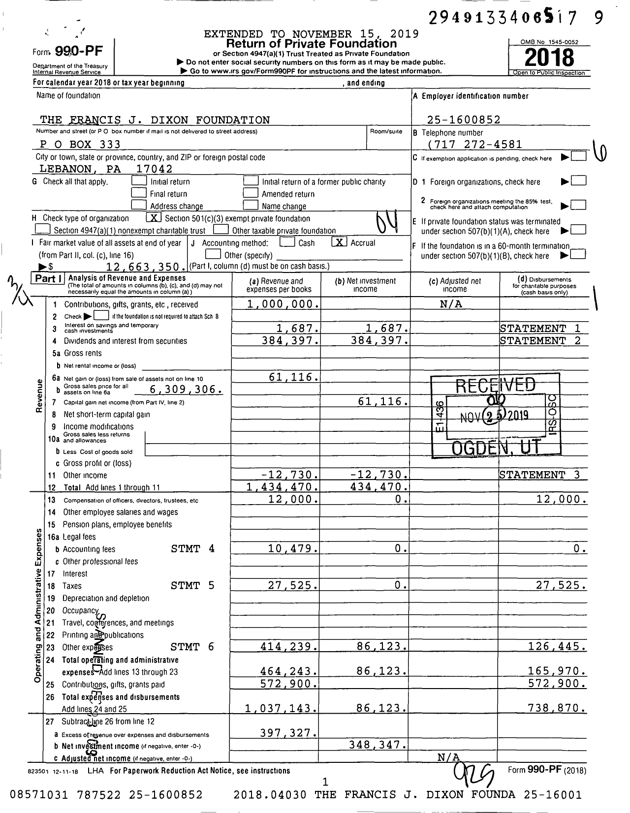 Image of first page of 2018 Form 990PF for The Francis J Dixon Foundation