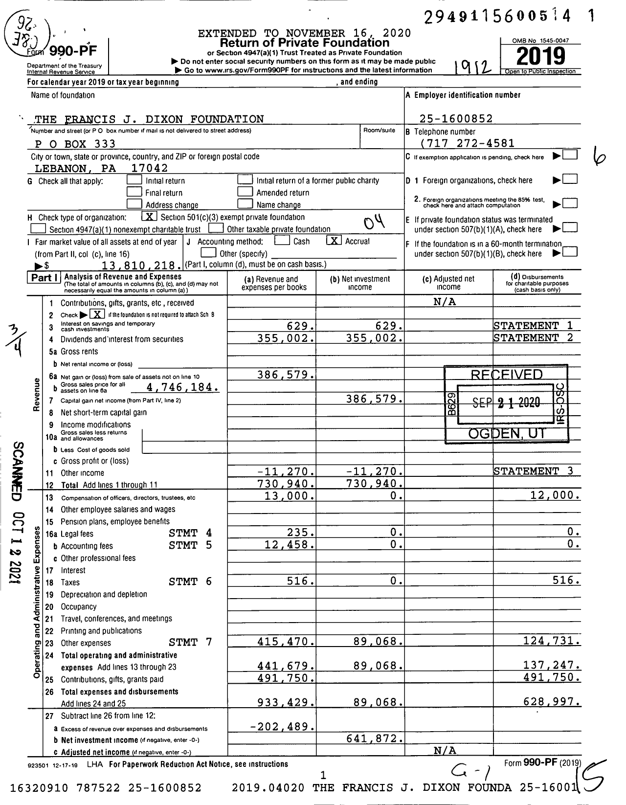 Image of first page of 2019 Form 990PF for The Francis J Dixon Foundation