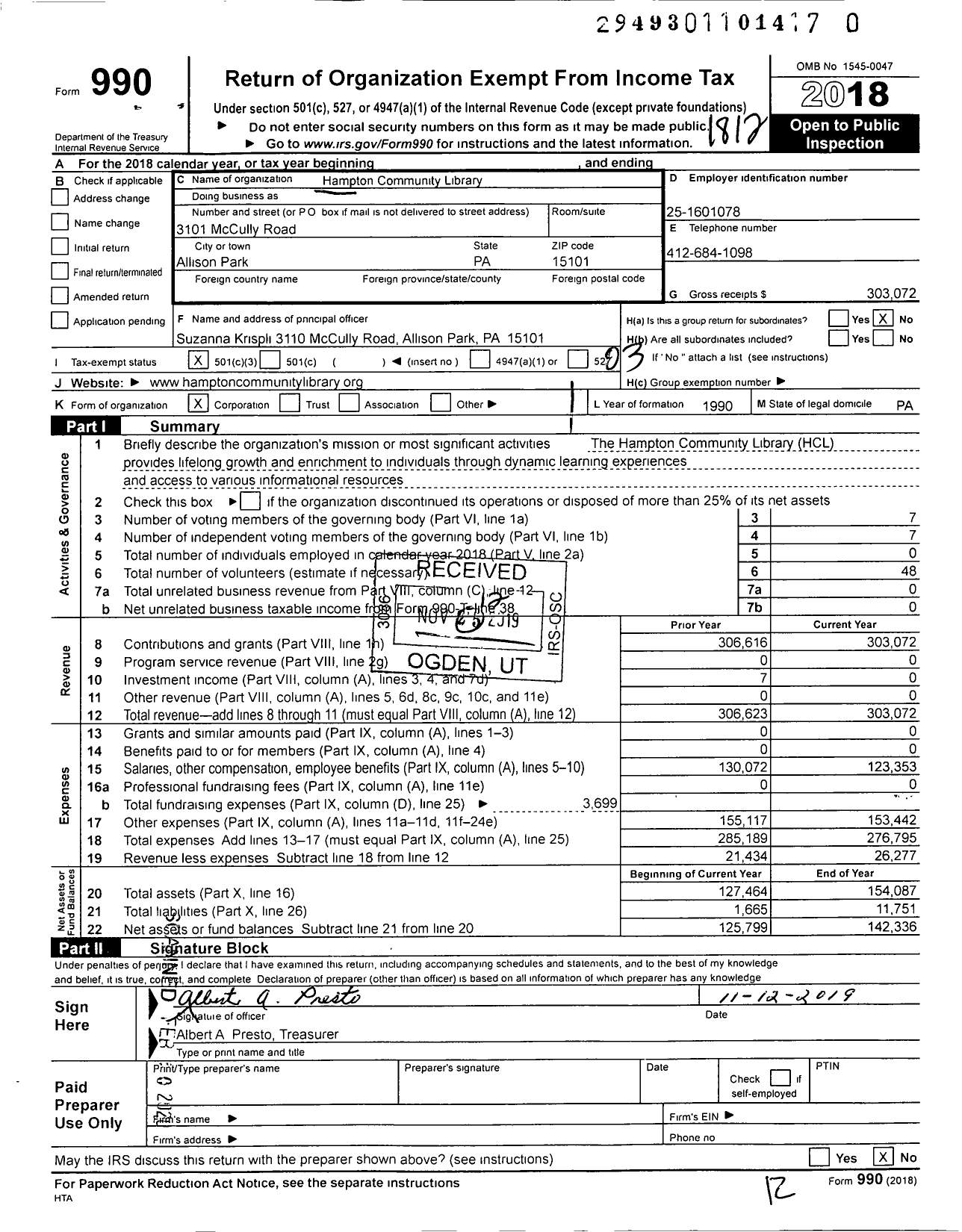 Image of first page of 2018 Form 990 for Hampton Community Library