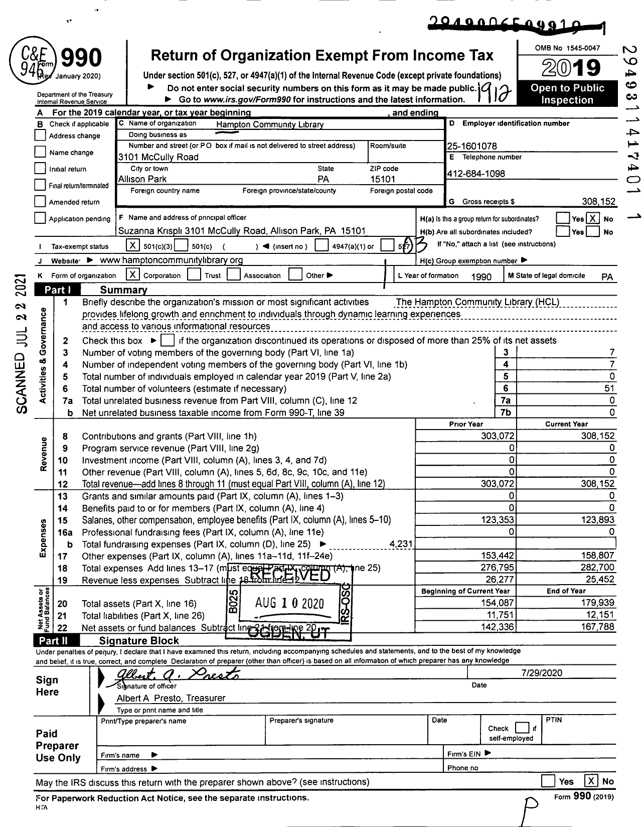 Image of first page of 2019 Form 990 for Hampton Community Library