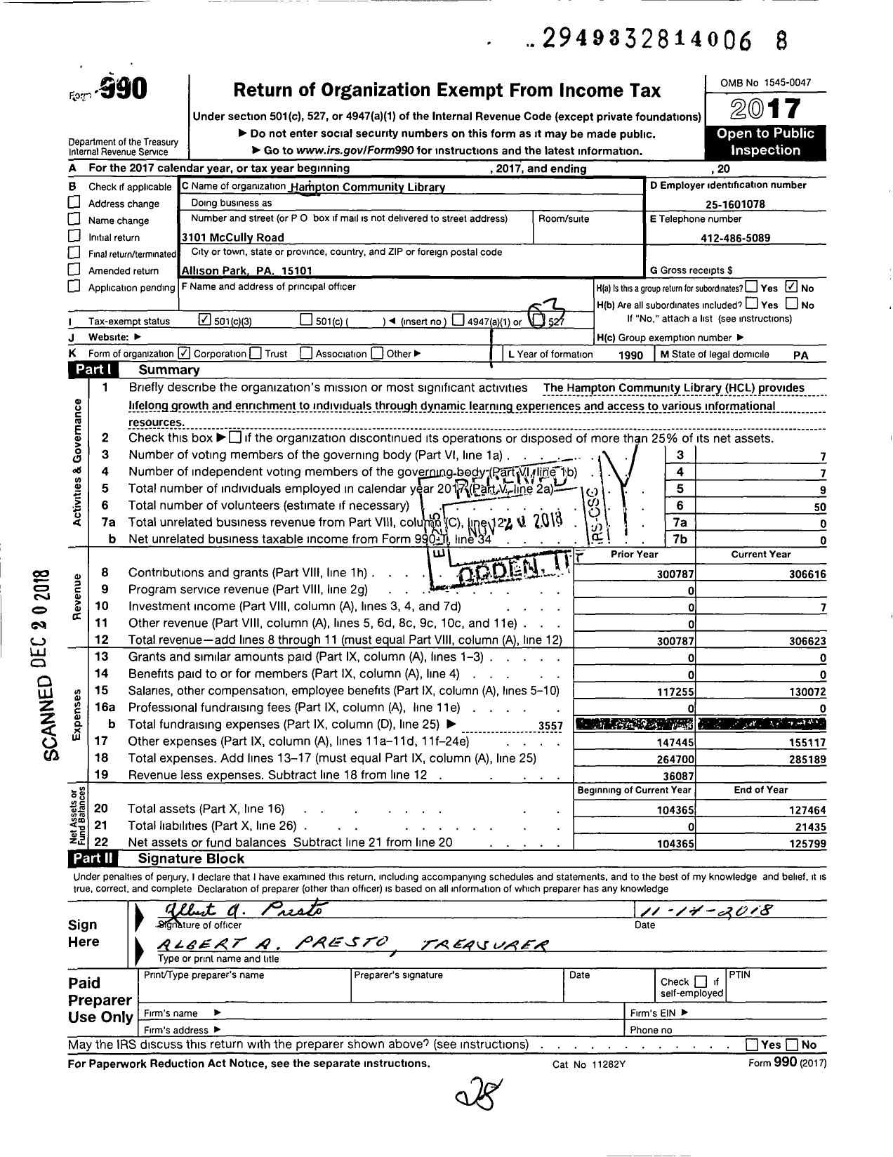 Image of first page of 2017 Form 990 for Hampton Community Library