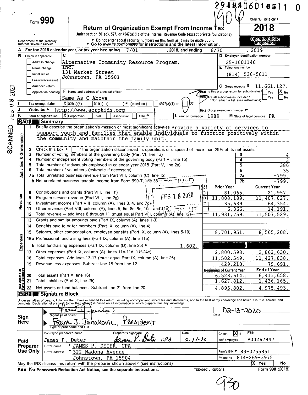 Image of first page of 2018 Form 990 for Alternative Community Resource Program (ACRP)