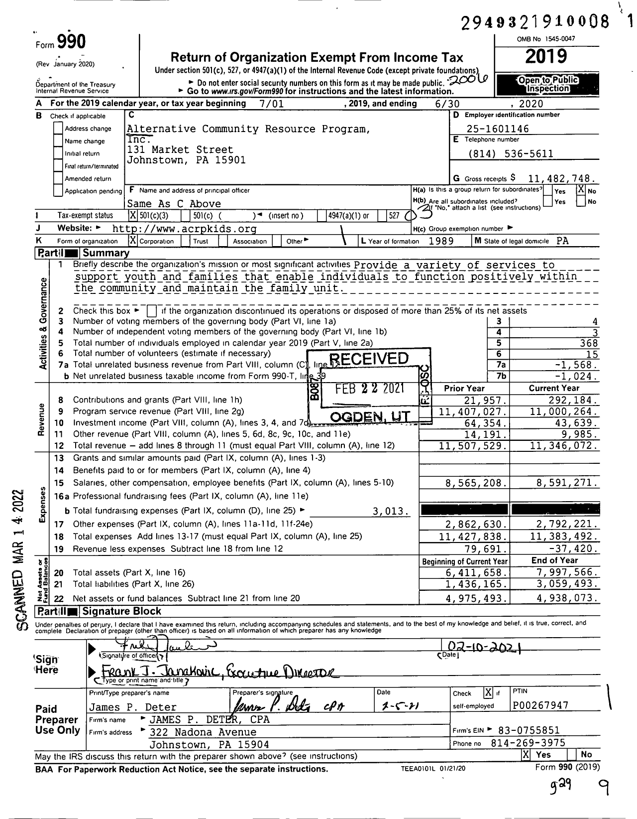 Image of first page of 2019 Form 990 for Alternative Community Resource Program (ACRP)