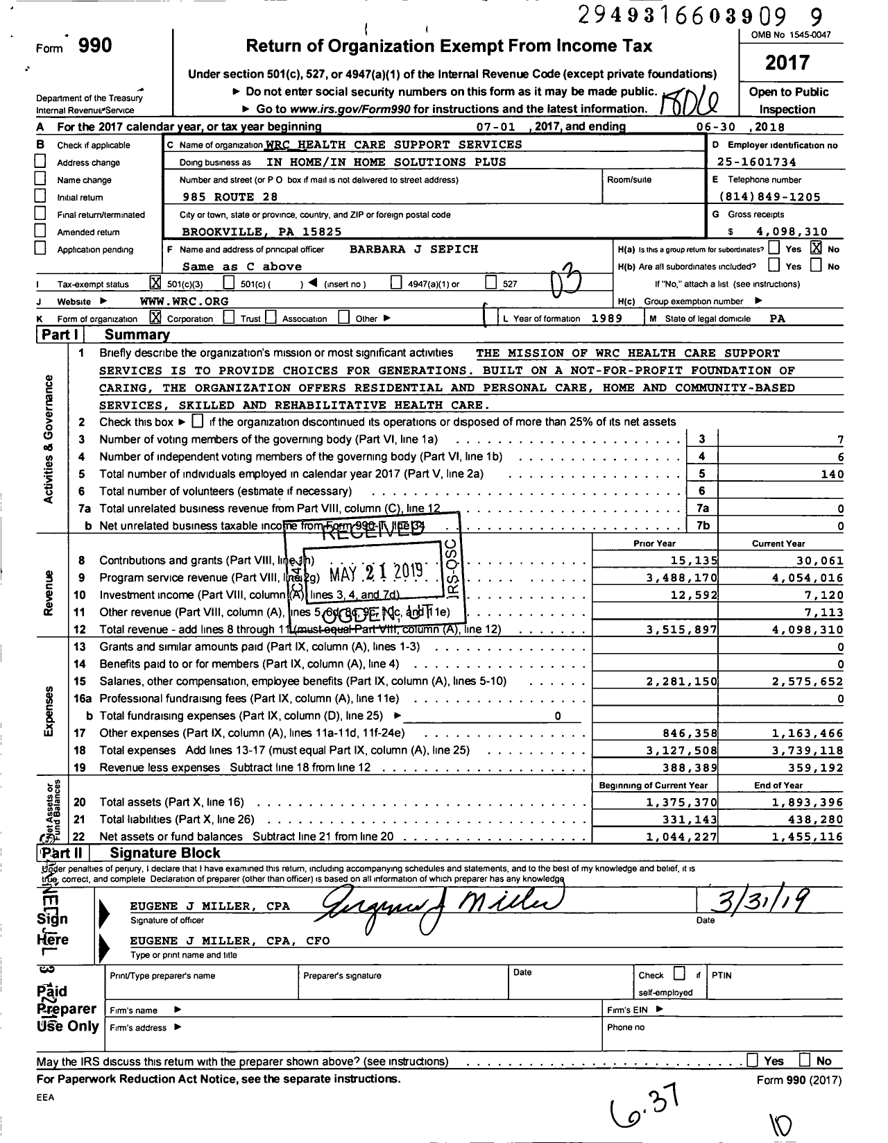 Image of first page of 2017 Form 990 for In Home Solutions in Home Solutions Plus