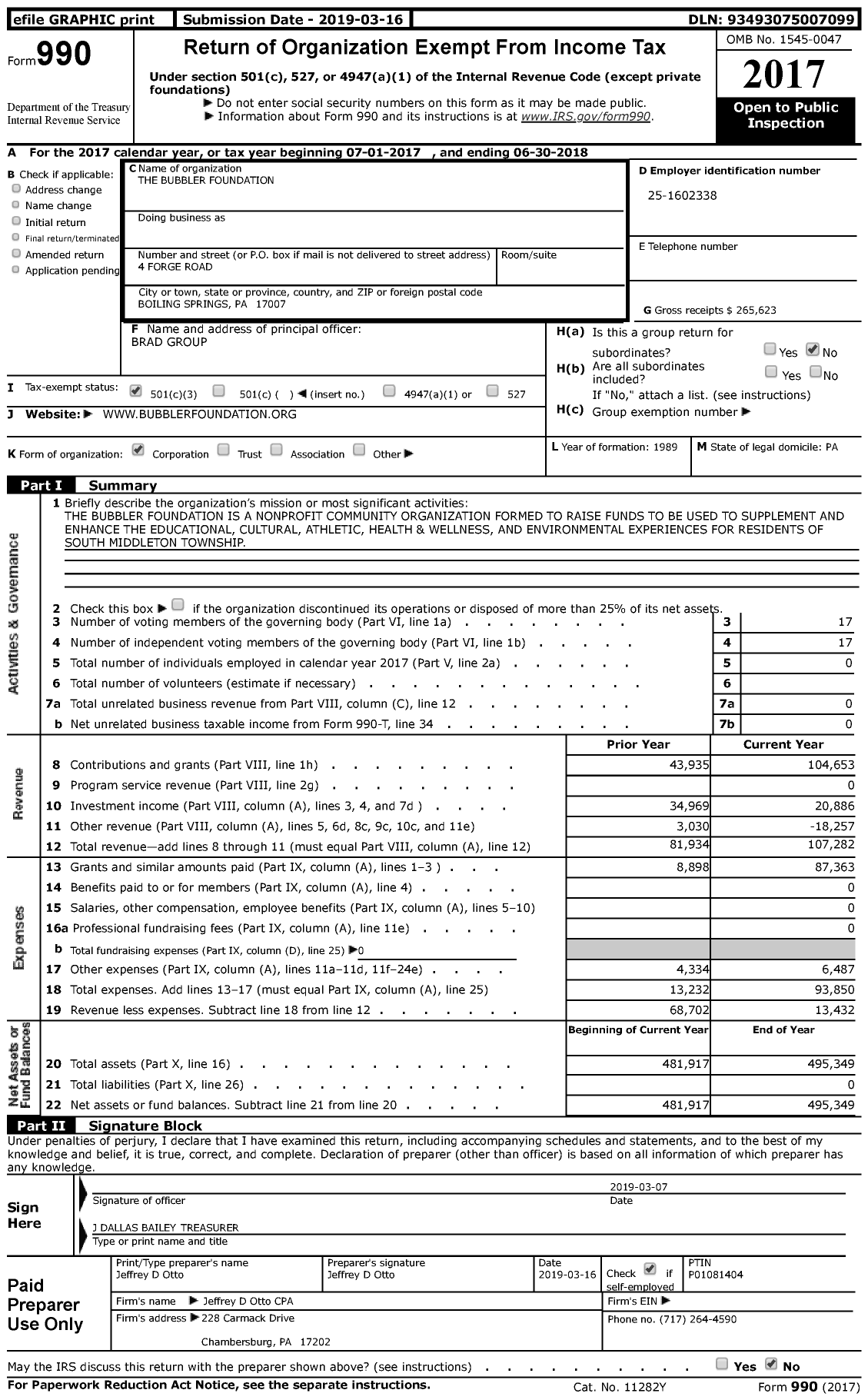 Image of first page of 2017 Form 990 for The Bubbler Foundation