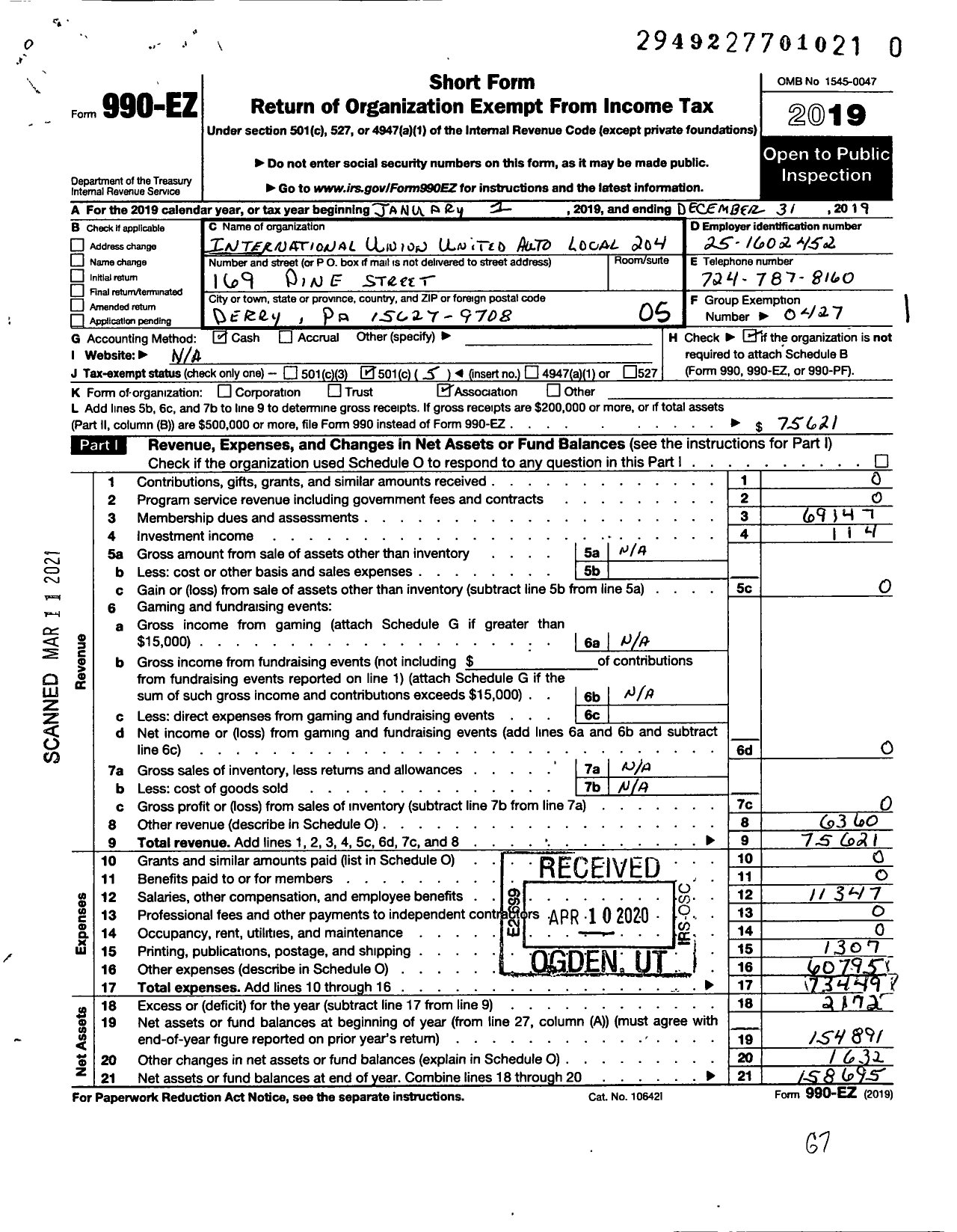 Image of first page of 2019 Form 990EO for UAW - 204 UAW Local