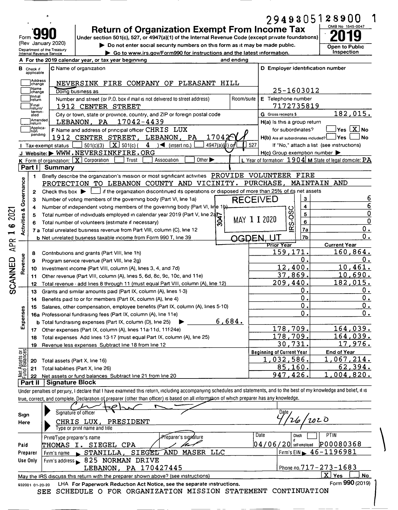 Image of first page of 2019 Form 990O for Neversink Fire Company of Pleasant Hill