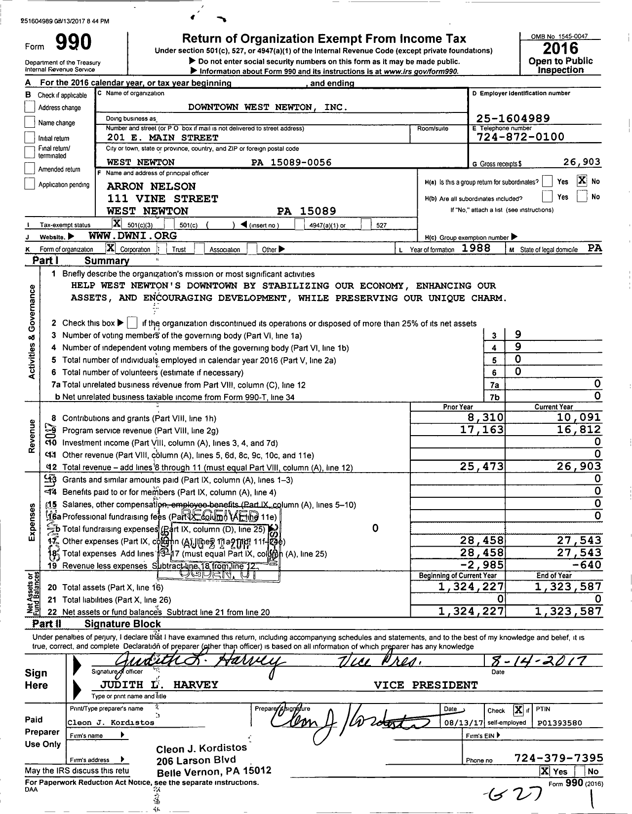 Image of first page of 2016 Form 990 for Downtown West Newton