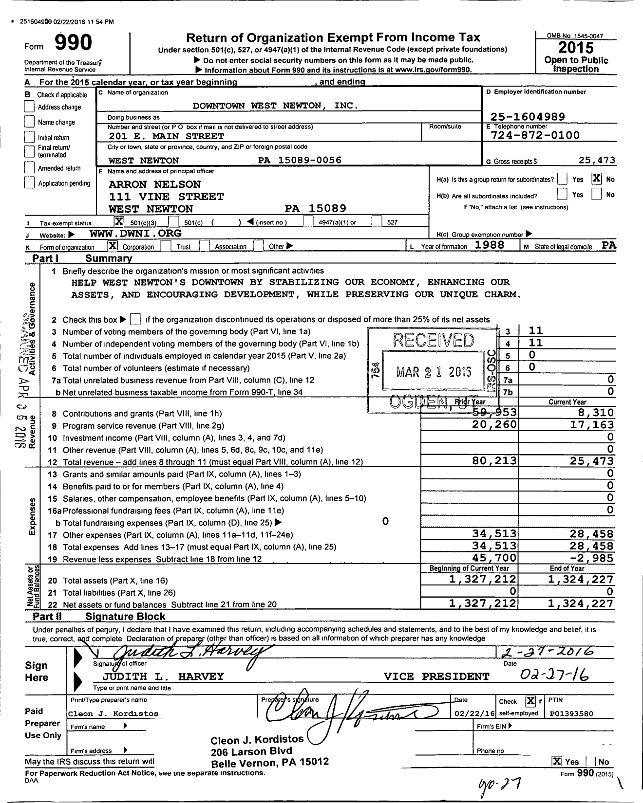 Image of first page of 2015 Form 990 for Downtown West Newton